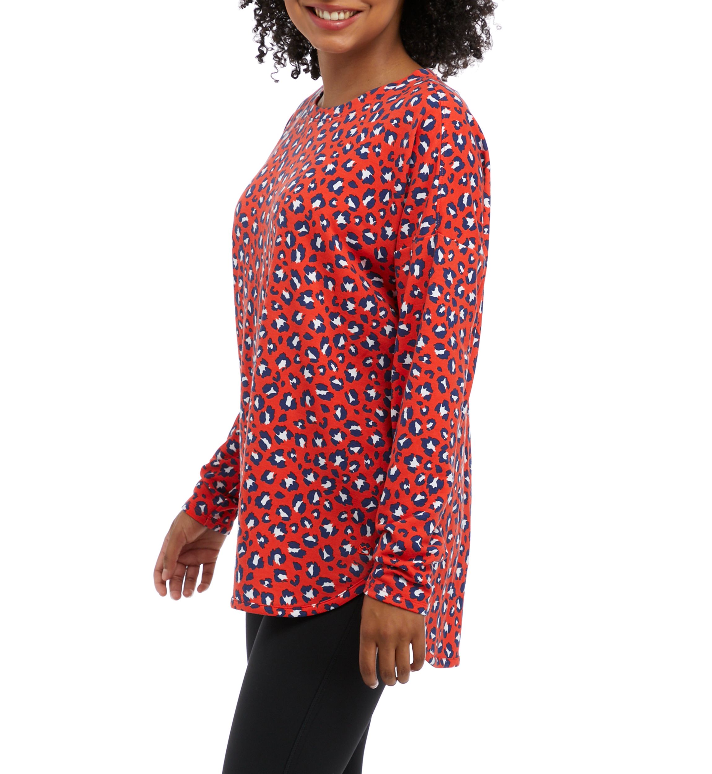  Womens Drop Shoulder Animal Print French Terry Top 