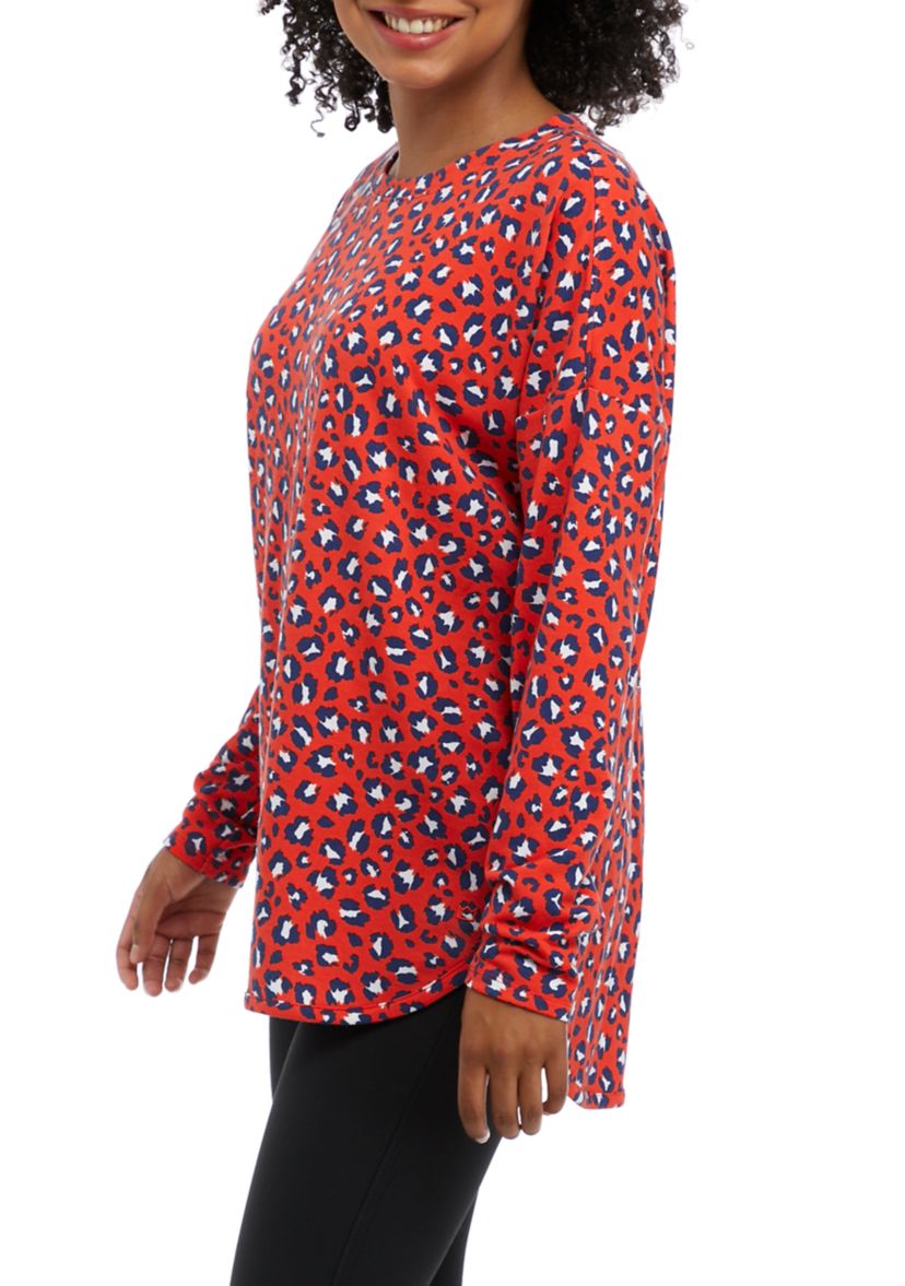  Womens Drop Shoulder Animal Print French Terry Top 