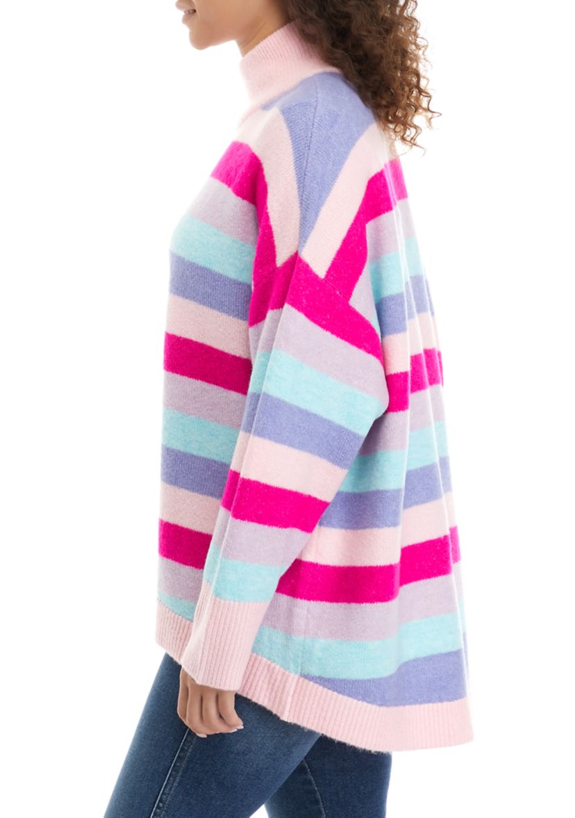 Womens Striped Mock Neck Tunic Sweater