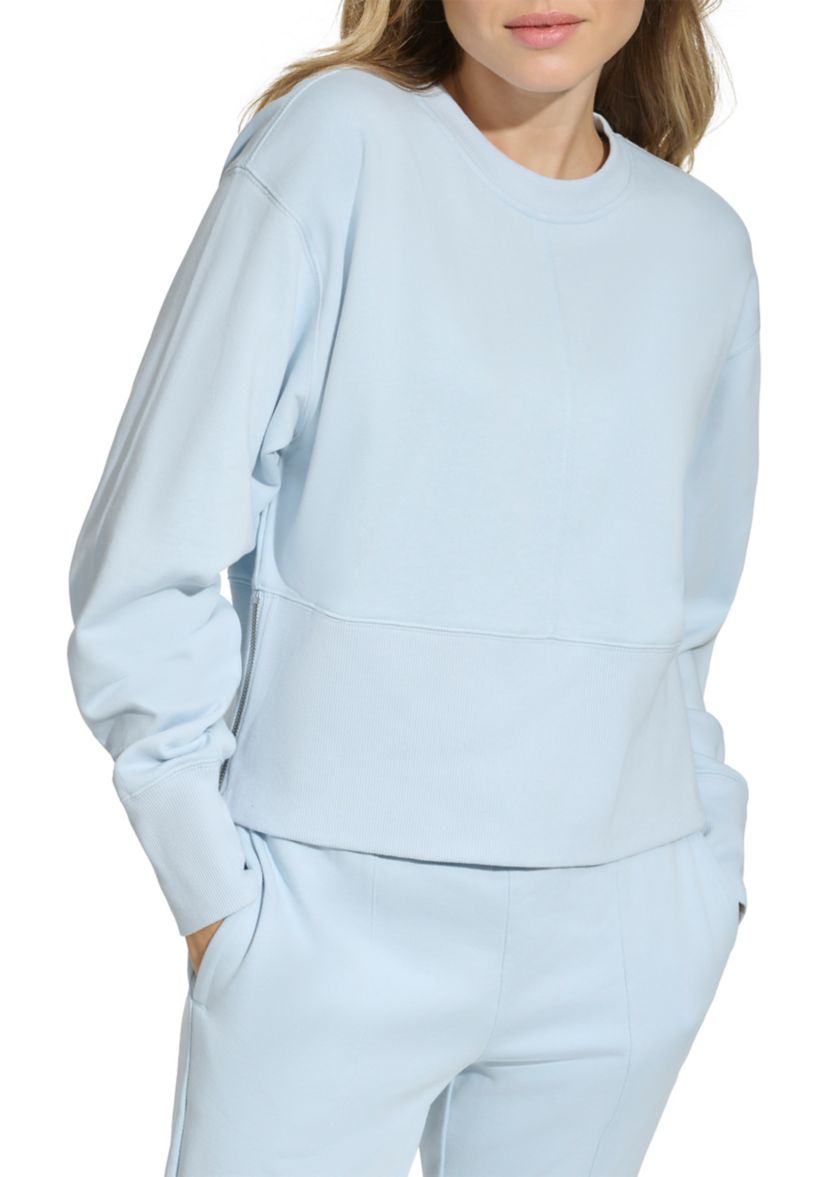 Cropped Crew Neck Pullover with Side Zipper Detailing