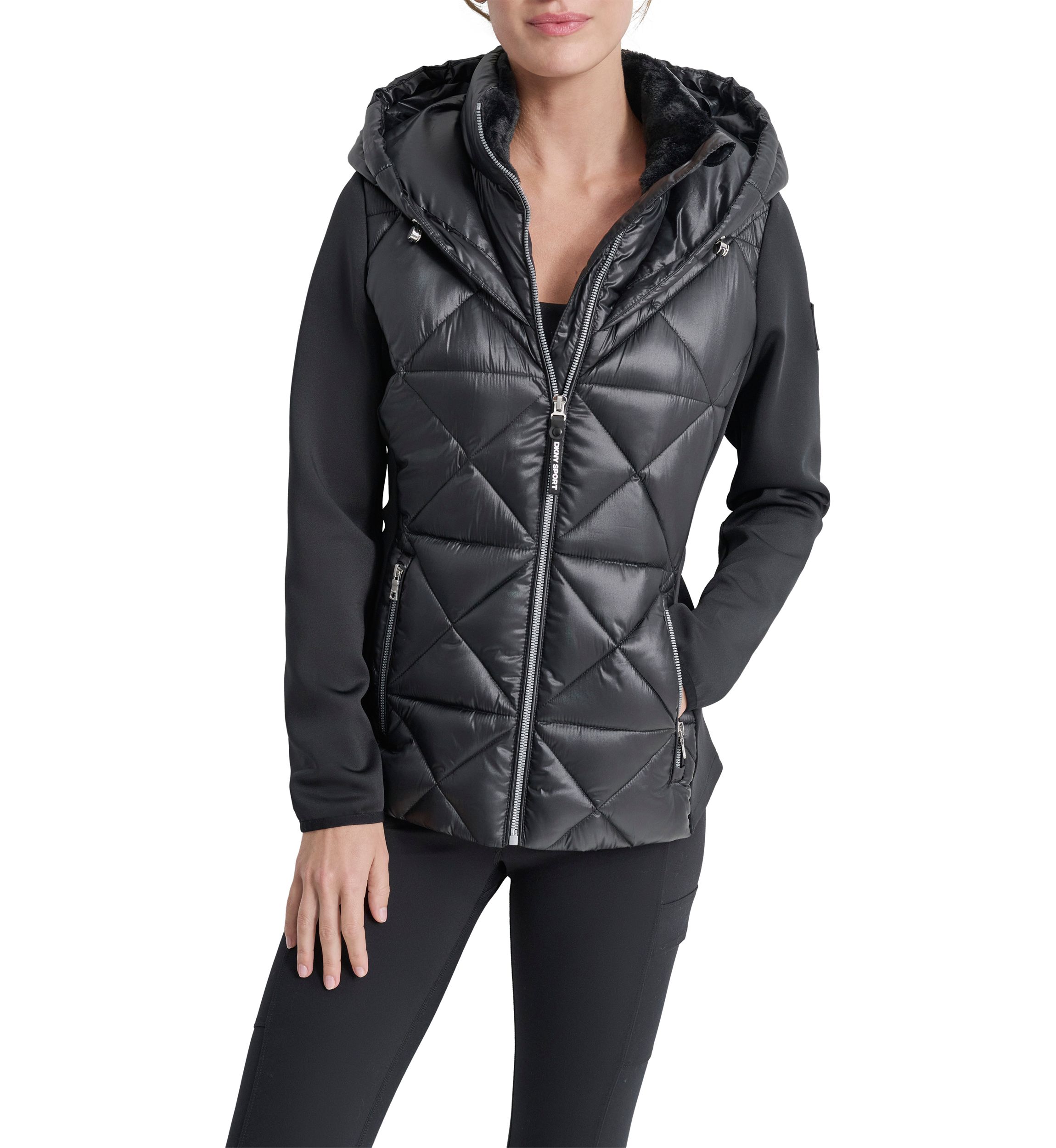 Womens Mixed Full Zip Diamond Quilted Jacket