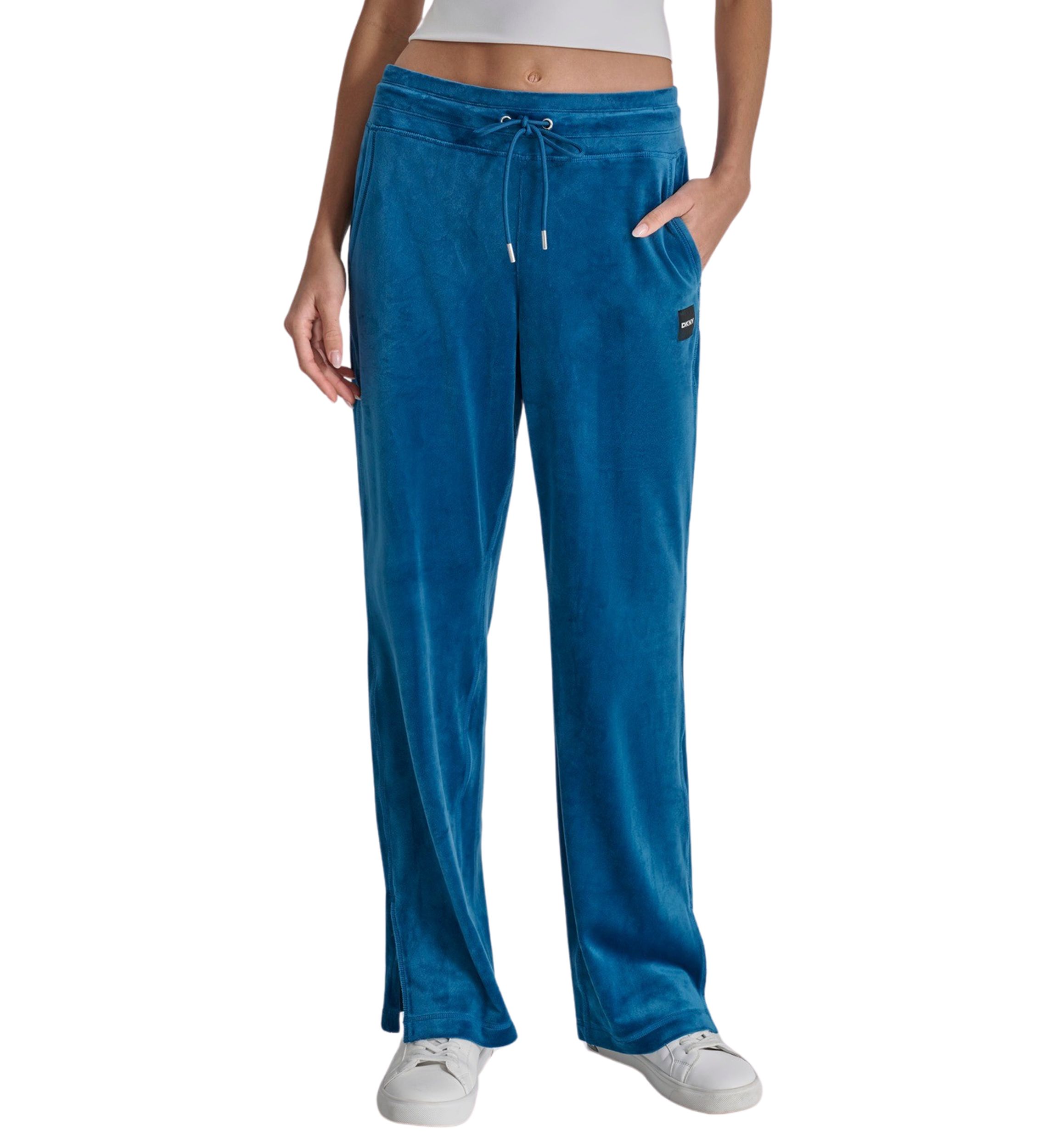 Platinum Velour Track Pants with Metallic Logo Patch and Slit