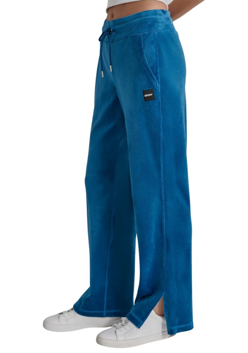 Platinum Velour Track Pants with Metallic Logo Patch and Slit