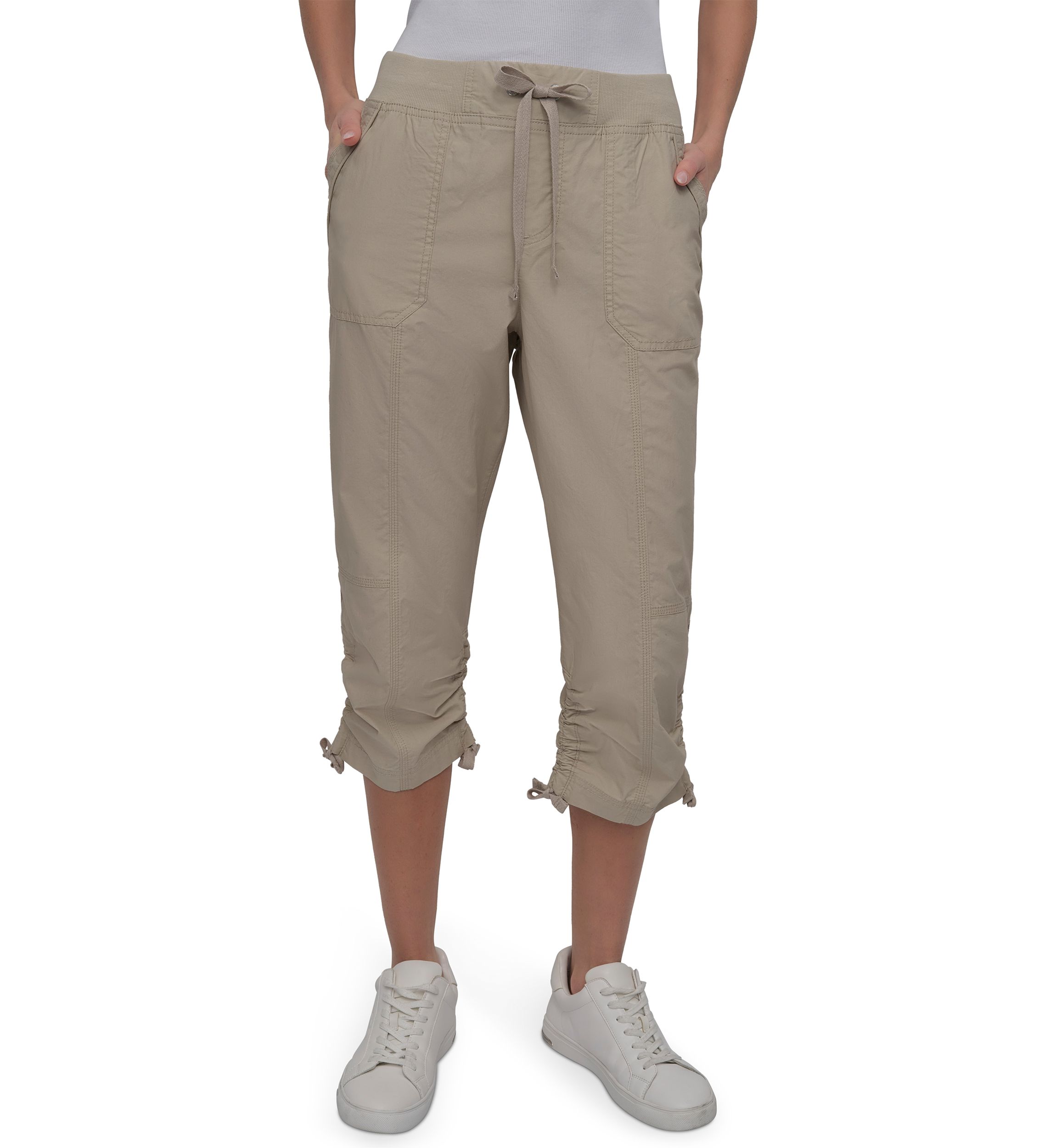 High Rise Shirred Detail Capri Length Convertible Cargo Pants 