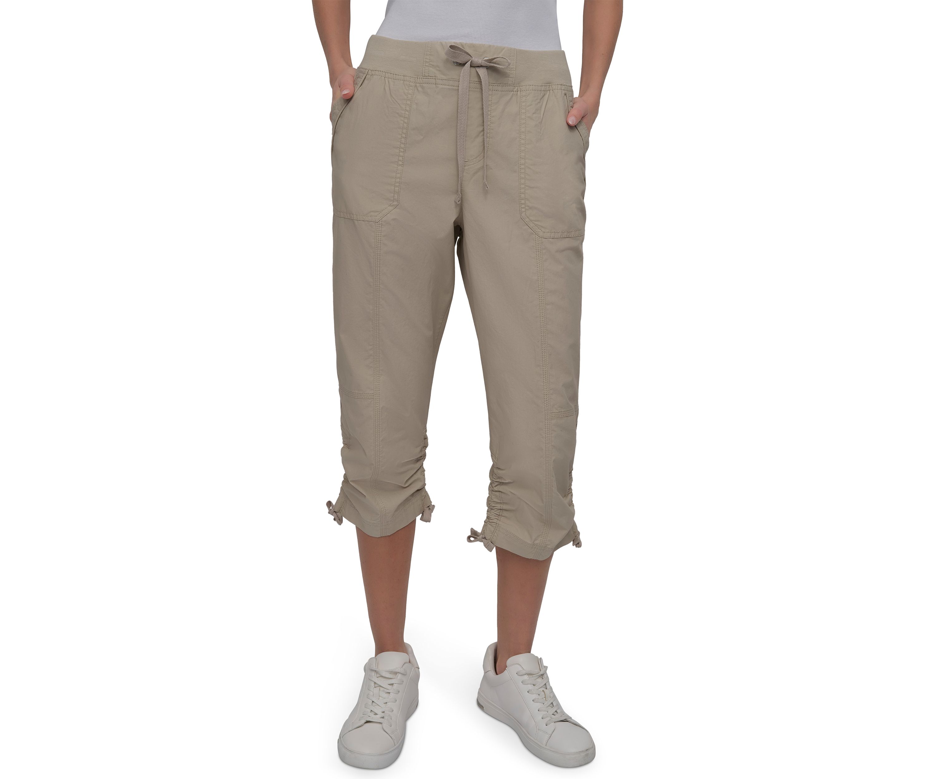 High Rise Shirred Detail Capri Length Convertible Cargo Pants 