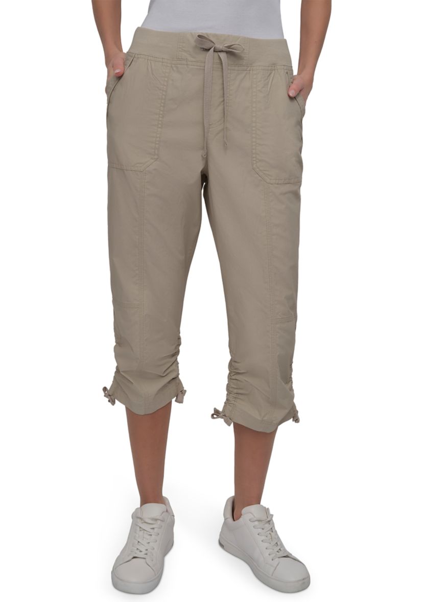 High Rise Shirred Detail Capri Length Convertible Cargo Pants 