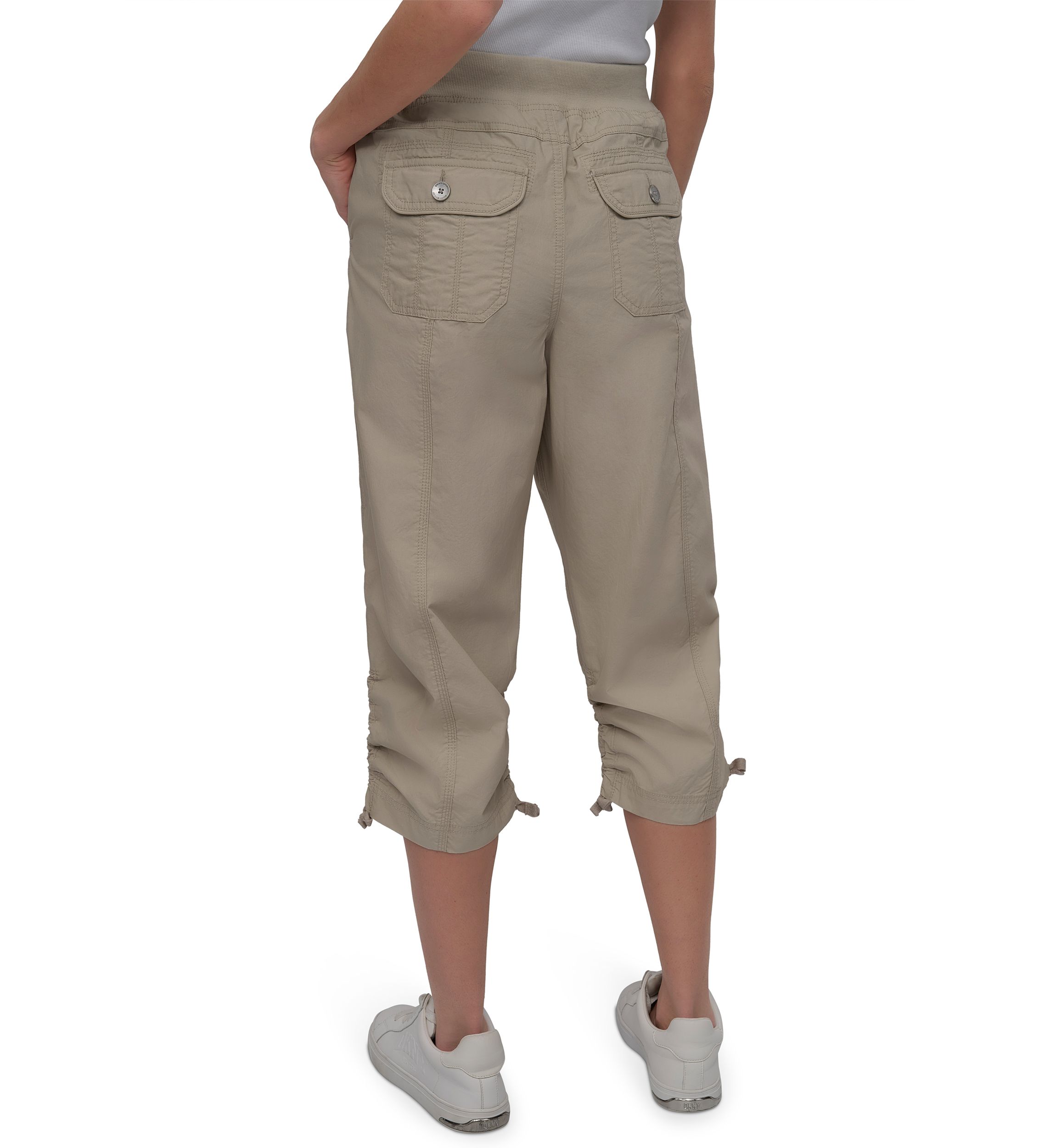 High Rise Shirred Detail Capri Length Convertible Cargo Pants 