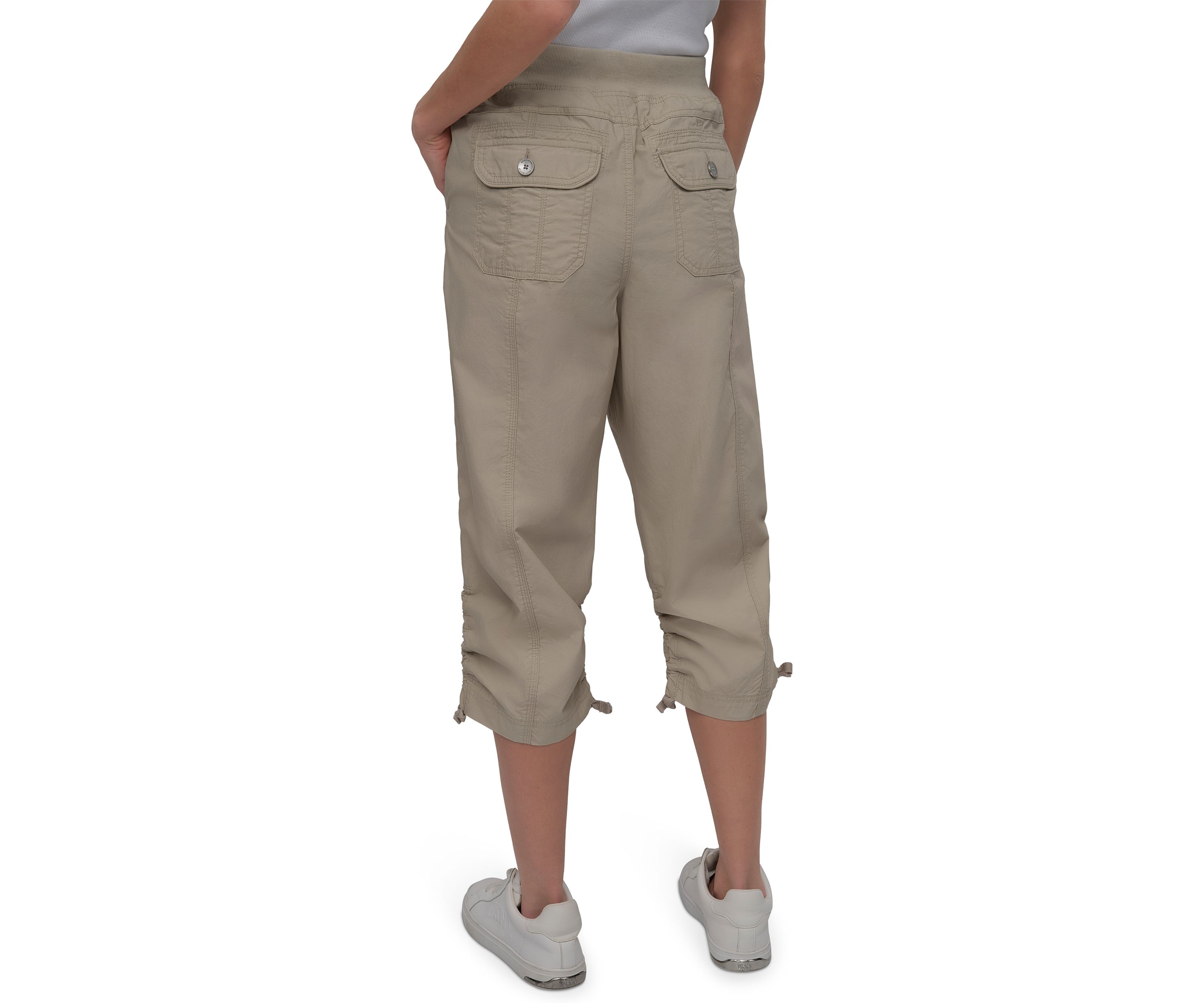 High Rise Shirred Detail Capri Length Convertible Cargo Pants 