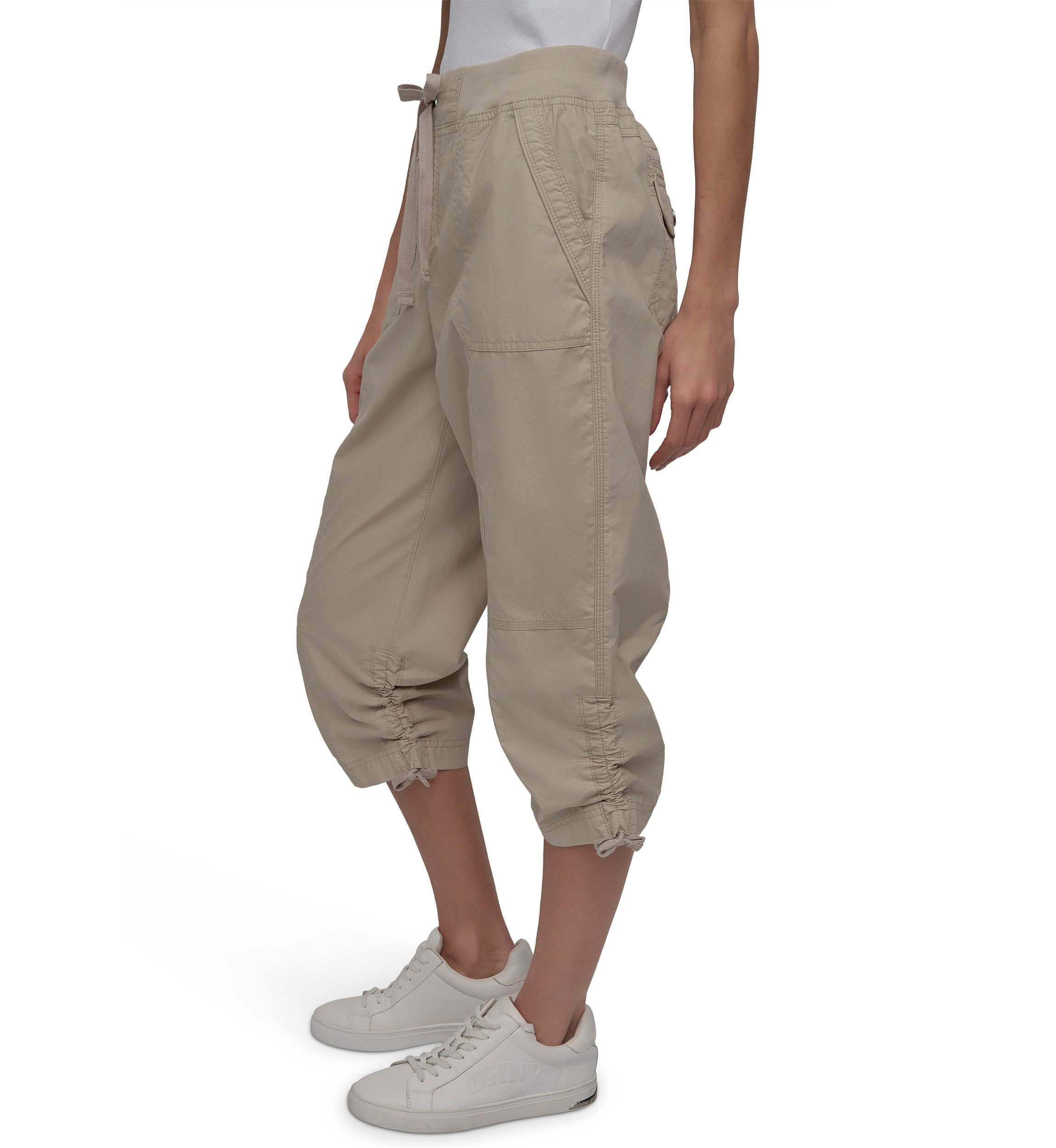 High Rise Shirred Detail Capri Length Convertible Cargo Pants 