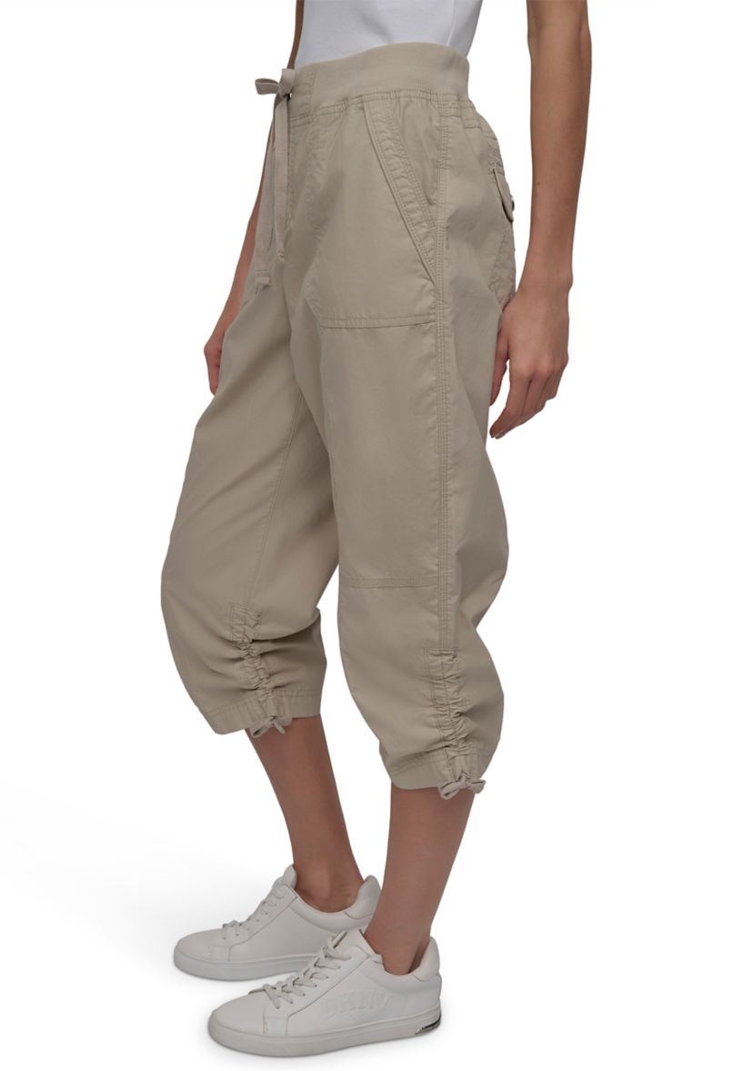 High Rise Shirred Detail Capri Length Convertible Cargo Pants 