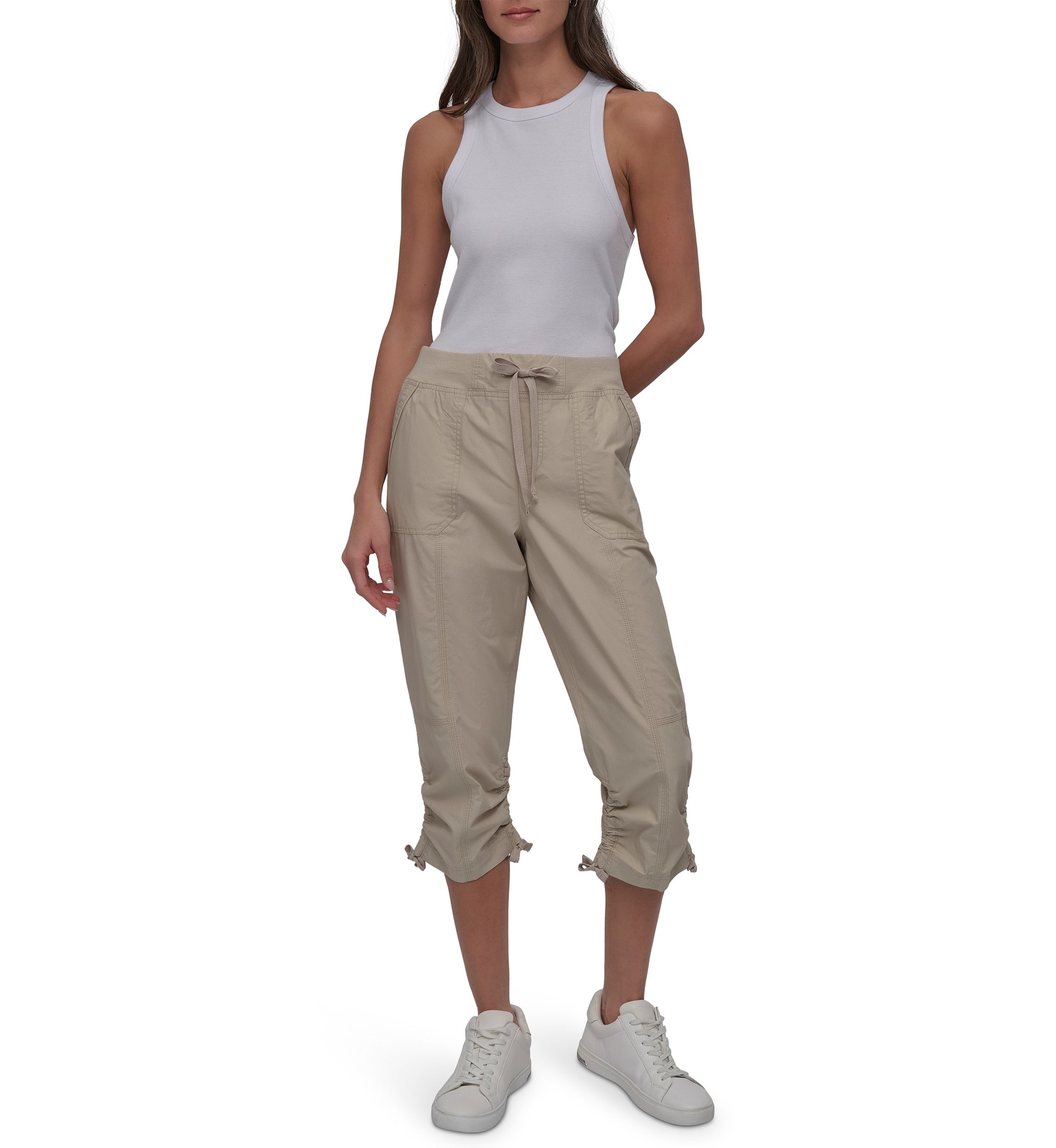 High Rise Shirred Detail Capri Length Convertible Cargo Pants 