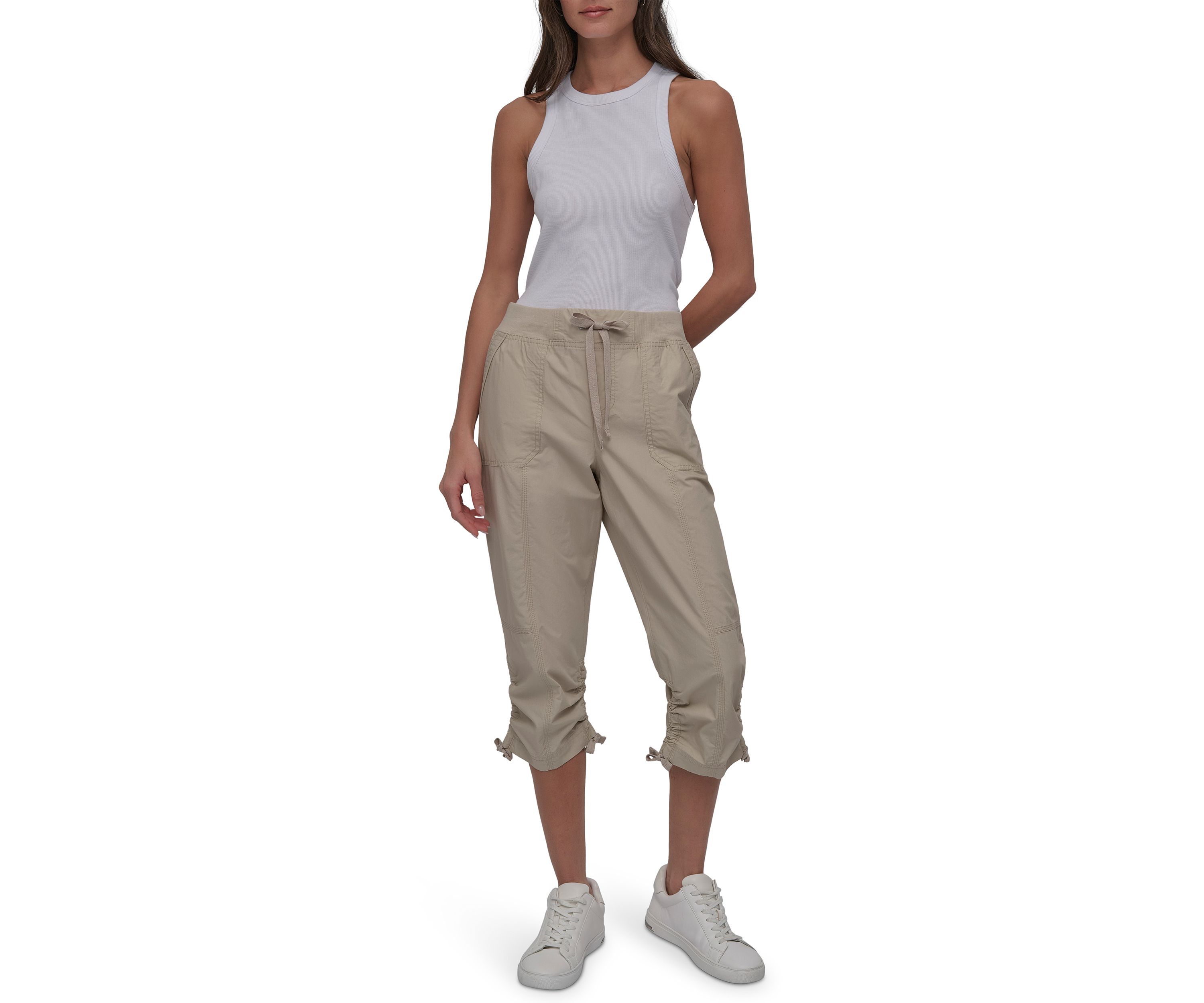 High Rise Shirred Detail Capri Length Convertible Cargo Pants 