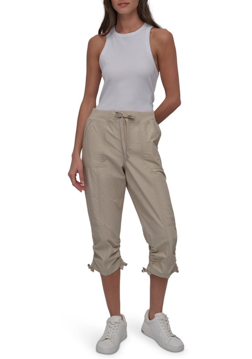 High Rise Shirred Detail Capri Length Convertible Cargo Pants 