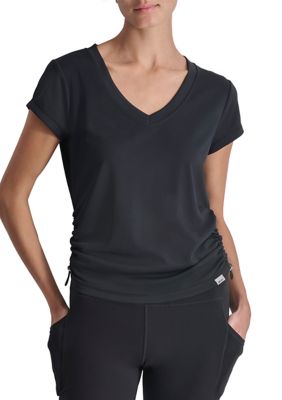 DKNY Sport Women's Short Sleeve Tech T-Shirt with Ruched Side Seams, Black, XS