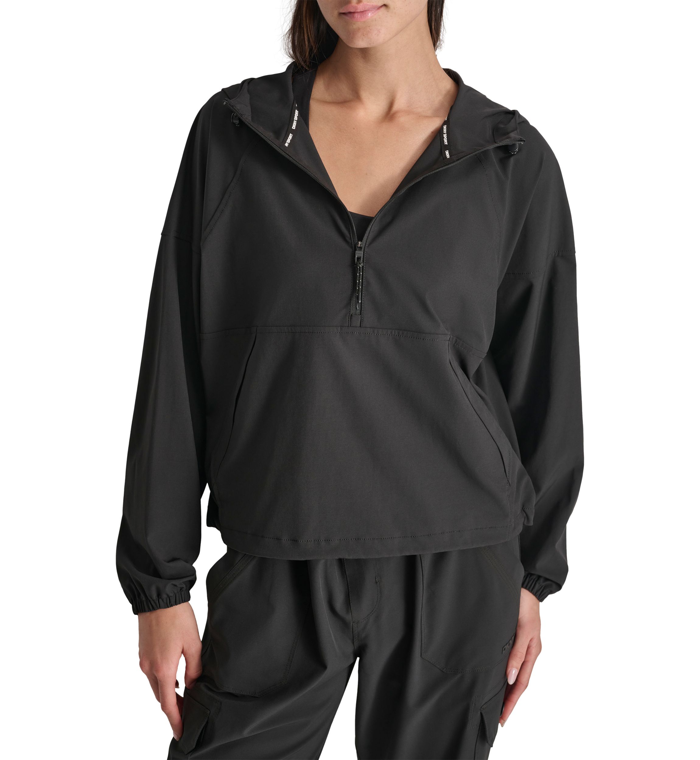 Drop Shoulder Half Zip Pullover with Hood and Kangaroo Pocket