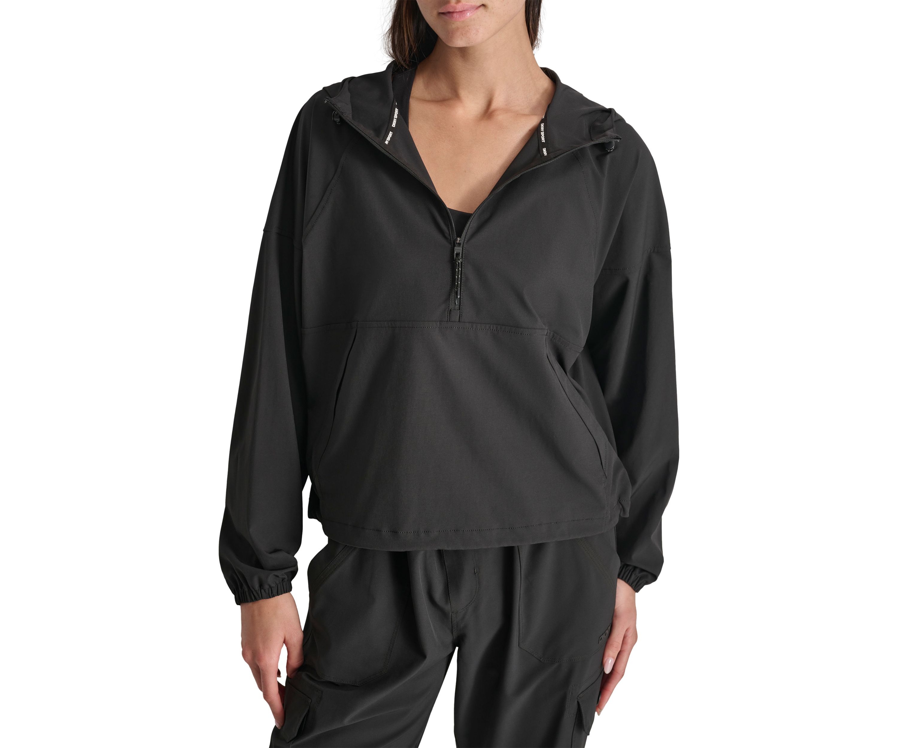 Drop Shoulder Half Zip Pullover with Hood and Kangaroo Pocket