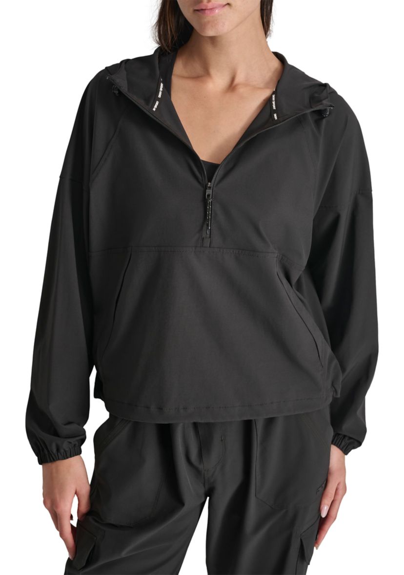 Drop Shoulder Half Zip Pullover with Hood and Kangaroo Pocket