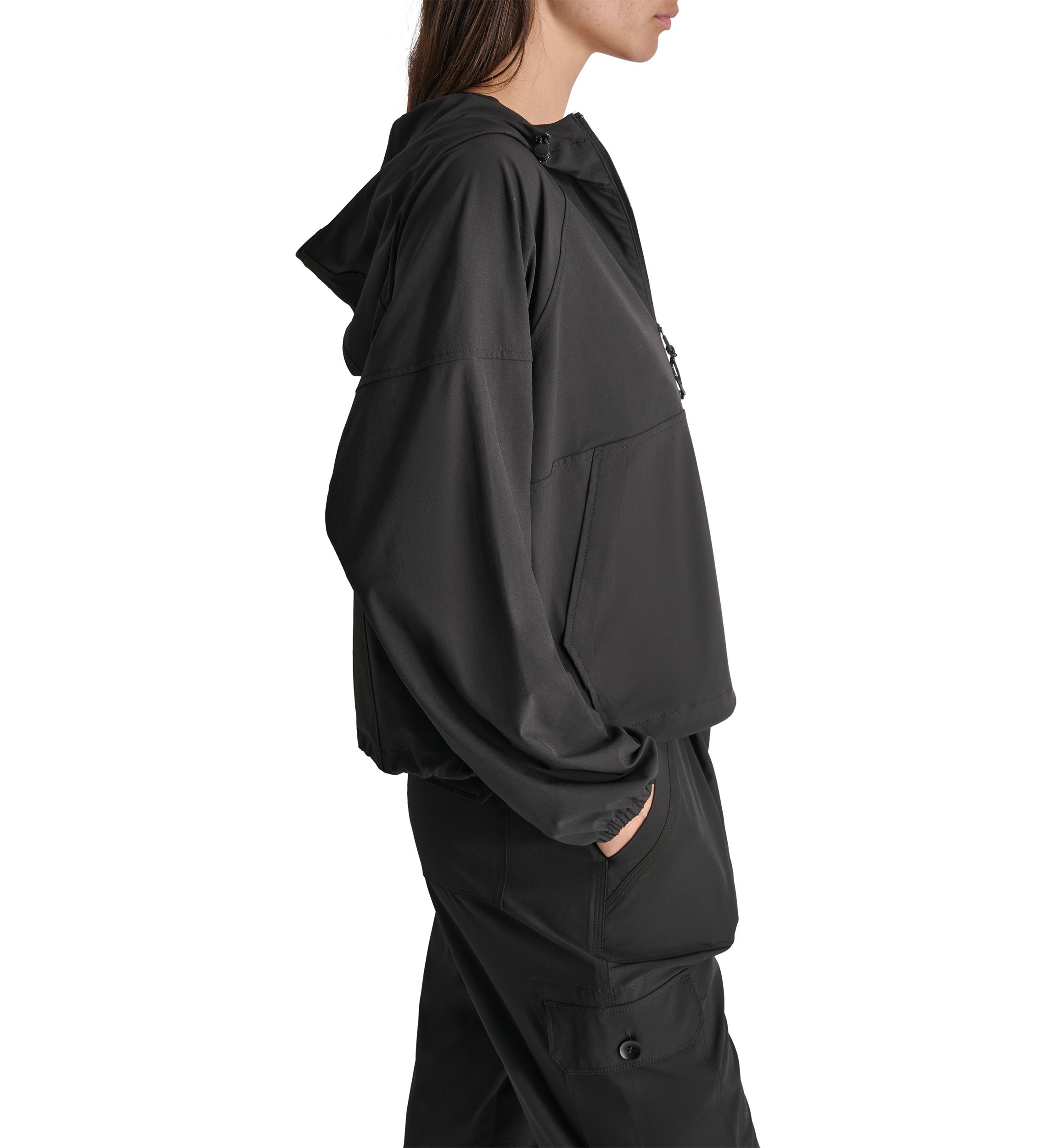Drop Shoulder Half Zip Pullover with Hood and Kangaroo Pocket