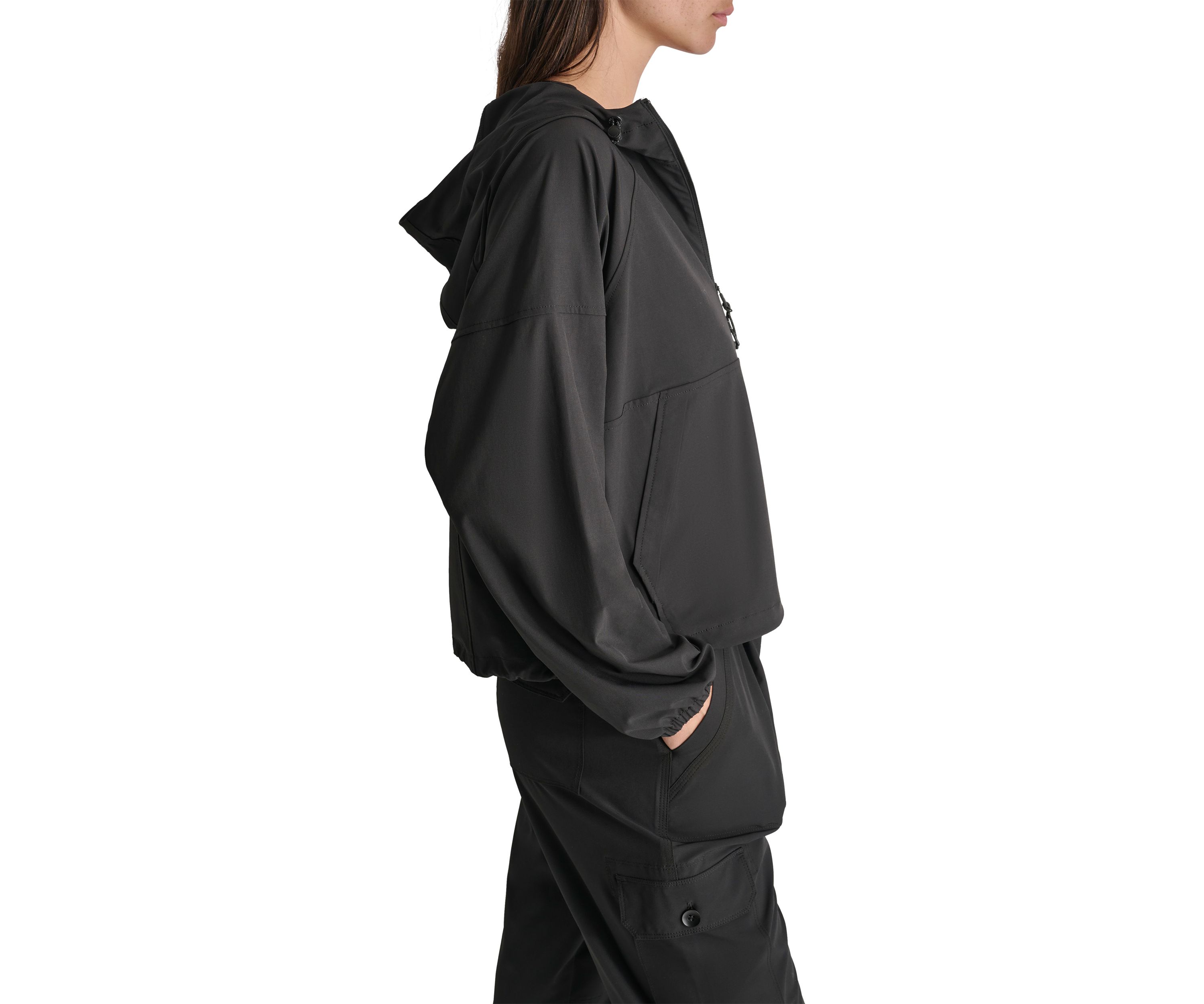 Drop Shoulder Half Zip Pullover with Hood and Kangaroo Pocket