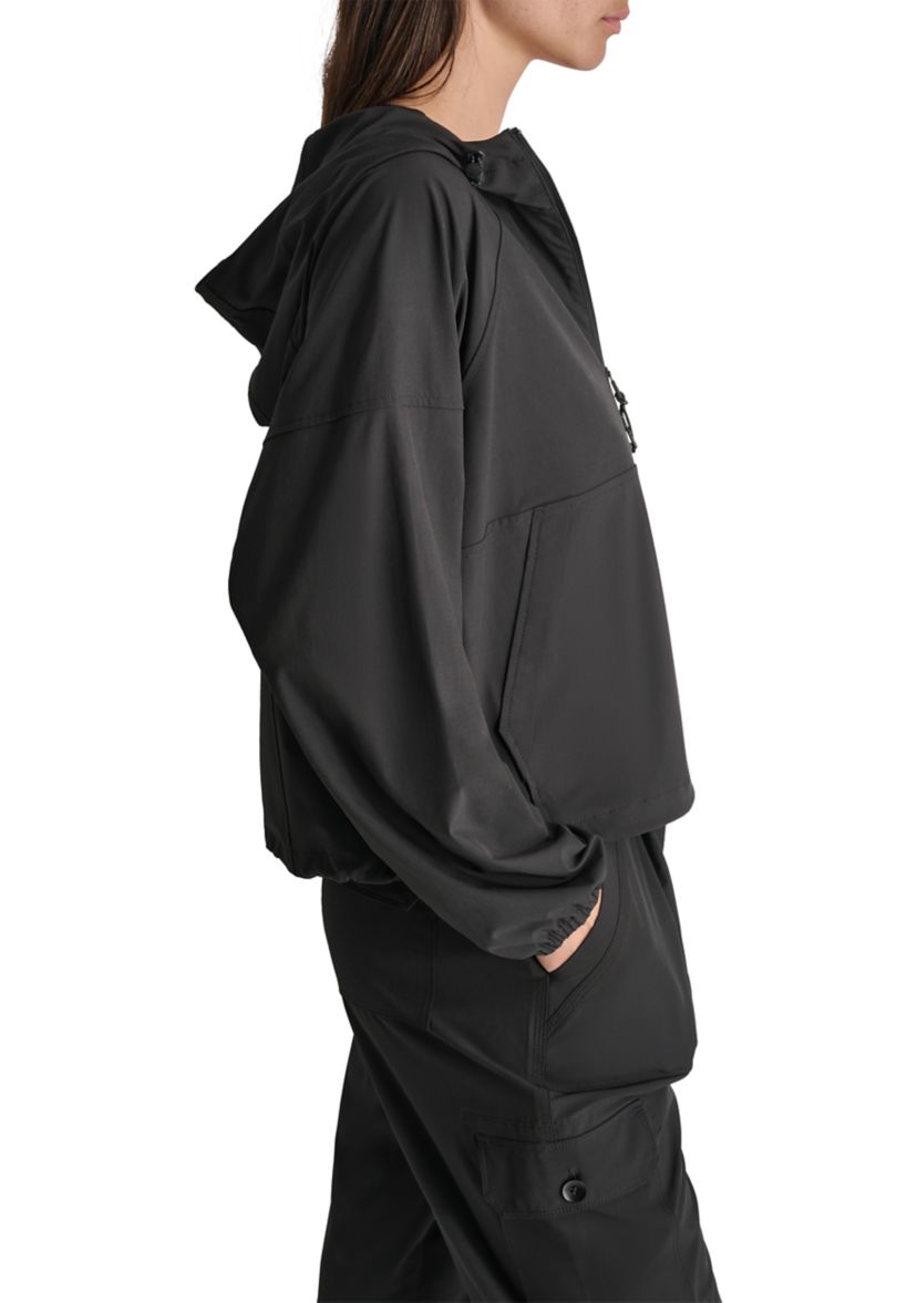 Drop Shoulder Half Zip Pullover with Hood and Kangaroo Pocket