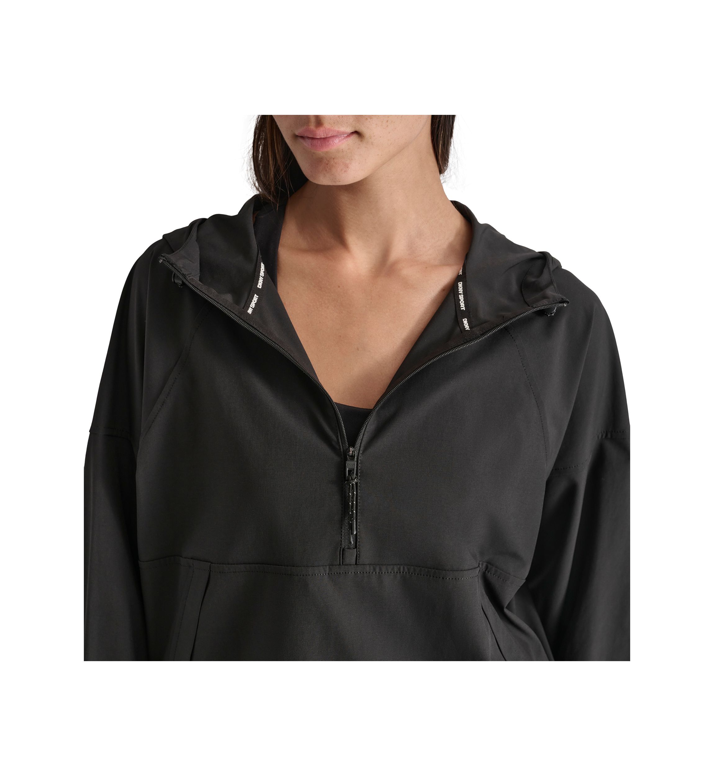 Drop Shoulder Half Zip Pullover with Hood and Kangaroo Pocket