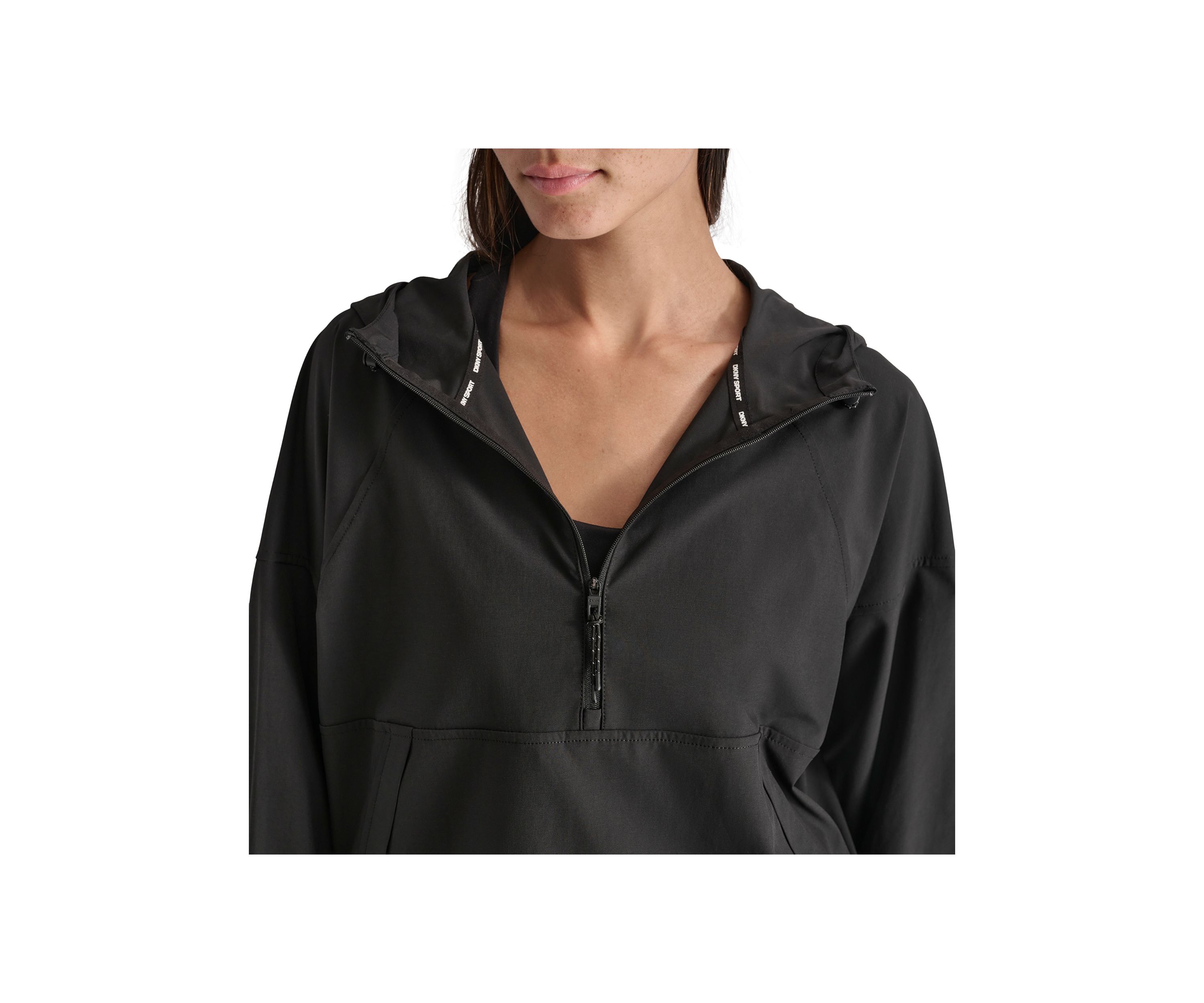 Drop Shoulder Half Zip Pullover with Hood and Kangaroo Pocket