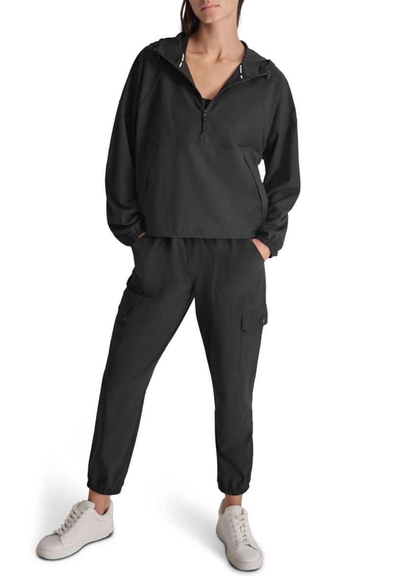 Drop Shoulder Half Zip Pullover with Hood and Kangaroo Pocket