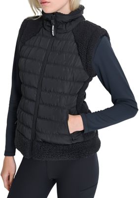 DKNY Sport Women's Horizontal Channel Quilted Mock Neck Puffer Vest with Sherpa, Small