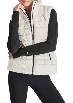 DKNY Sport Women's Horizontal Channel Quilted Mock Neck Puffer Vest with Sherpa