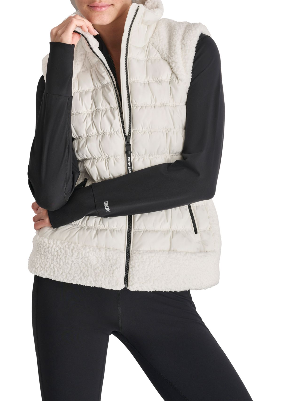 Horizontal Channel Quilted Mock Neck Puffer Vest with Sherpa