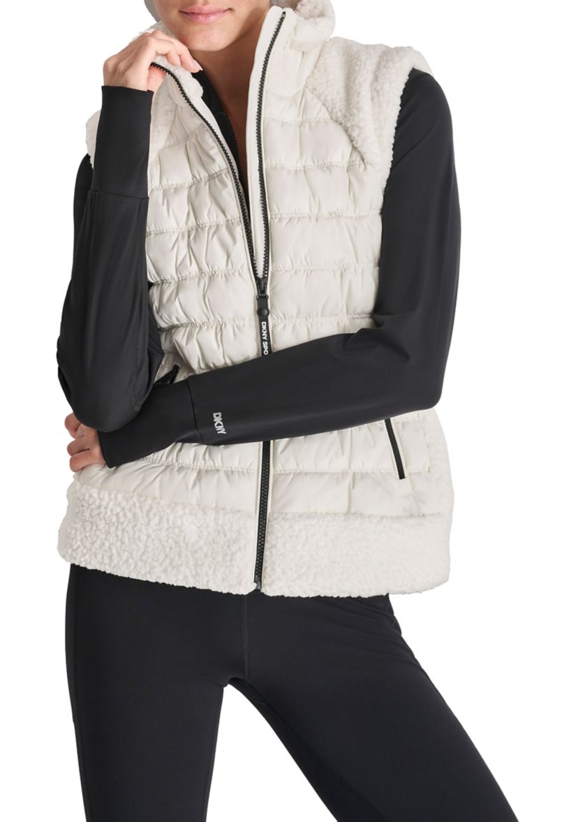Horizontal Channel Quilted Mock Neck Puffer Vest with Sherpa