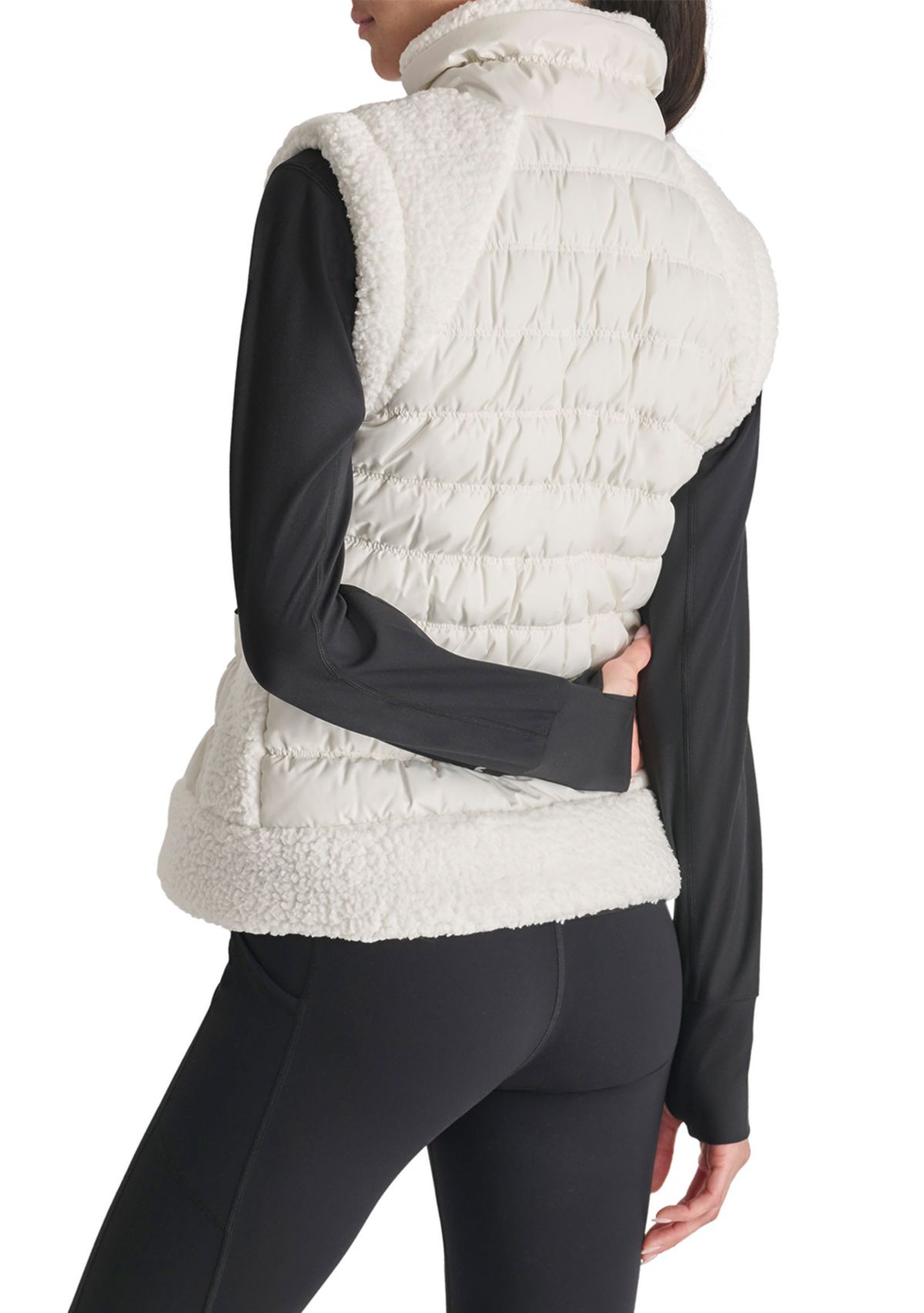 Horizontal Channel Quilted Mock Neck Puffer Vest with Sherpa