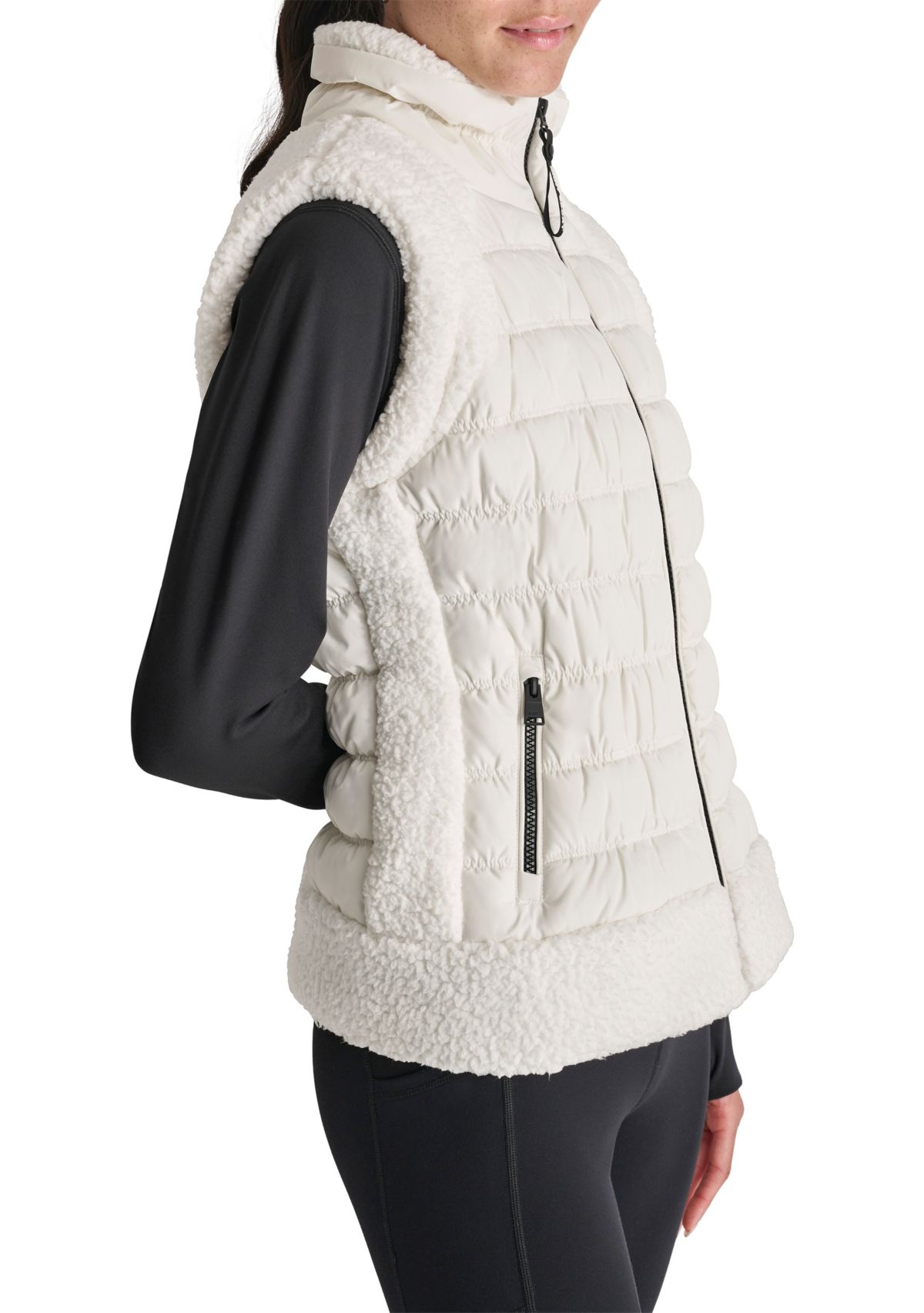 Horizontal Channel Quilted Mock Neck Puffer Vest with Sherpa