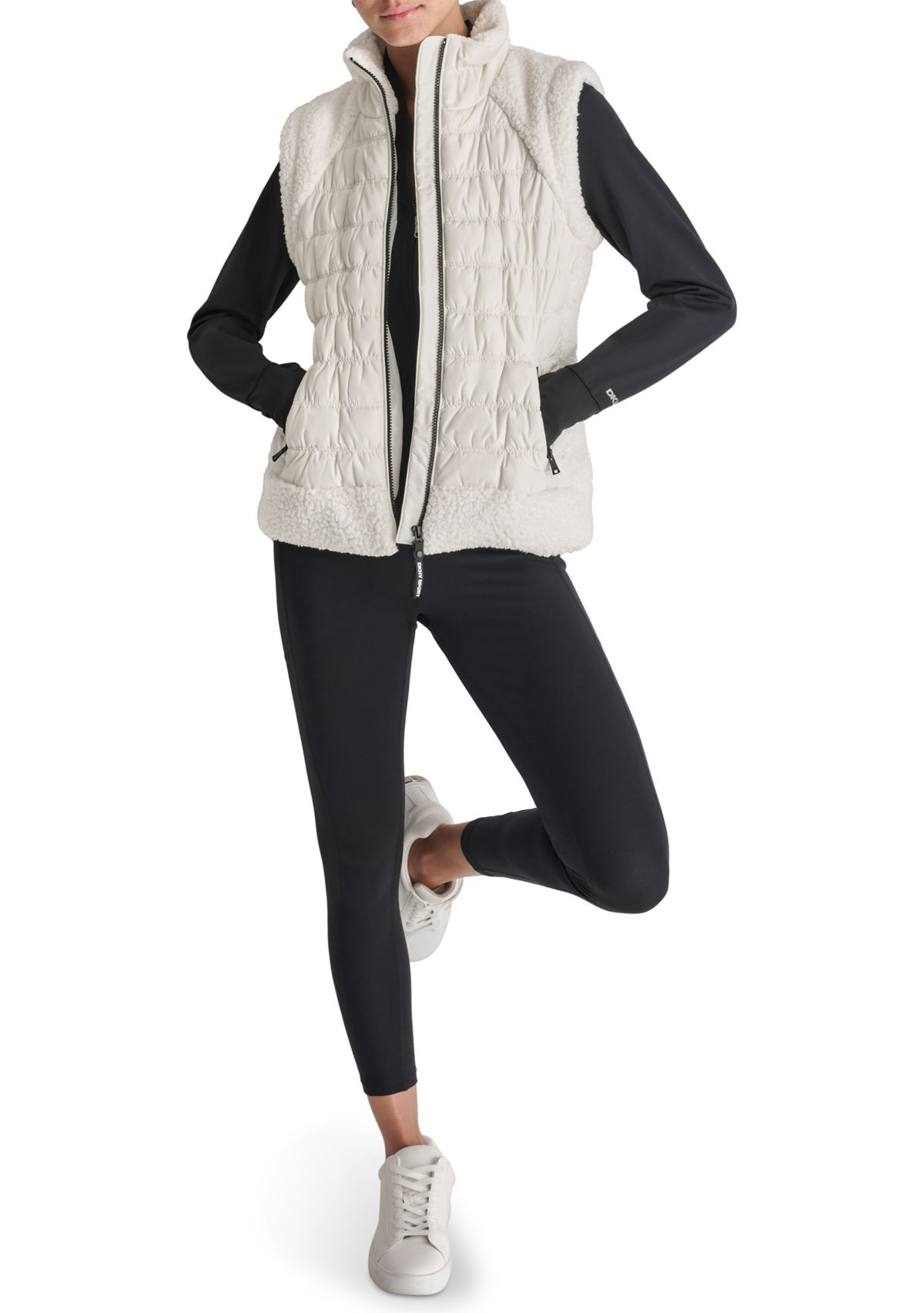 Horizontal Channel Quilted Mock Neck Puffer Vest with Sherpa