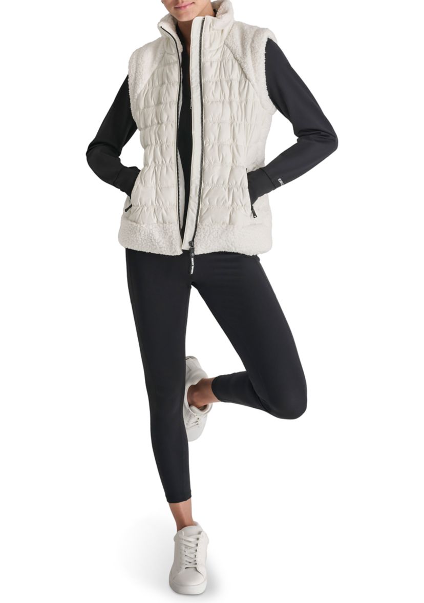 Horizontal Channel Quilted Mock Neck Puffer Vest with Sherpa