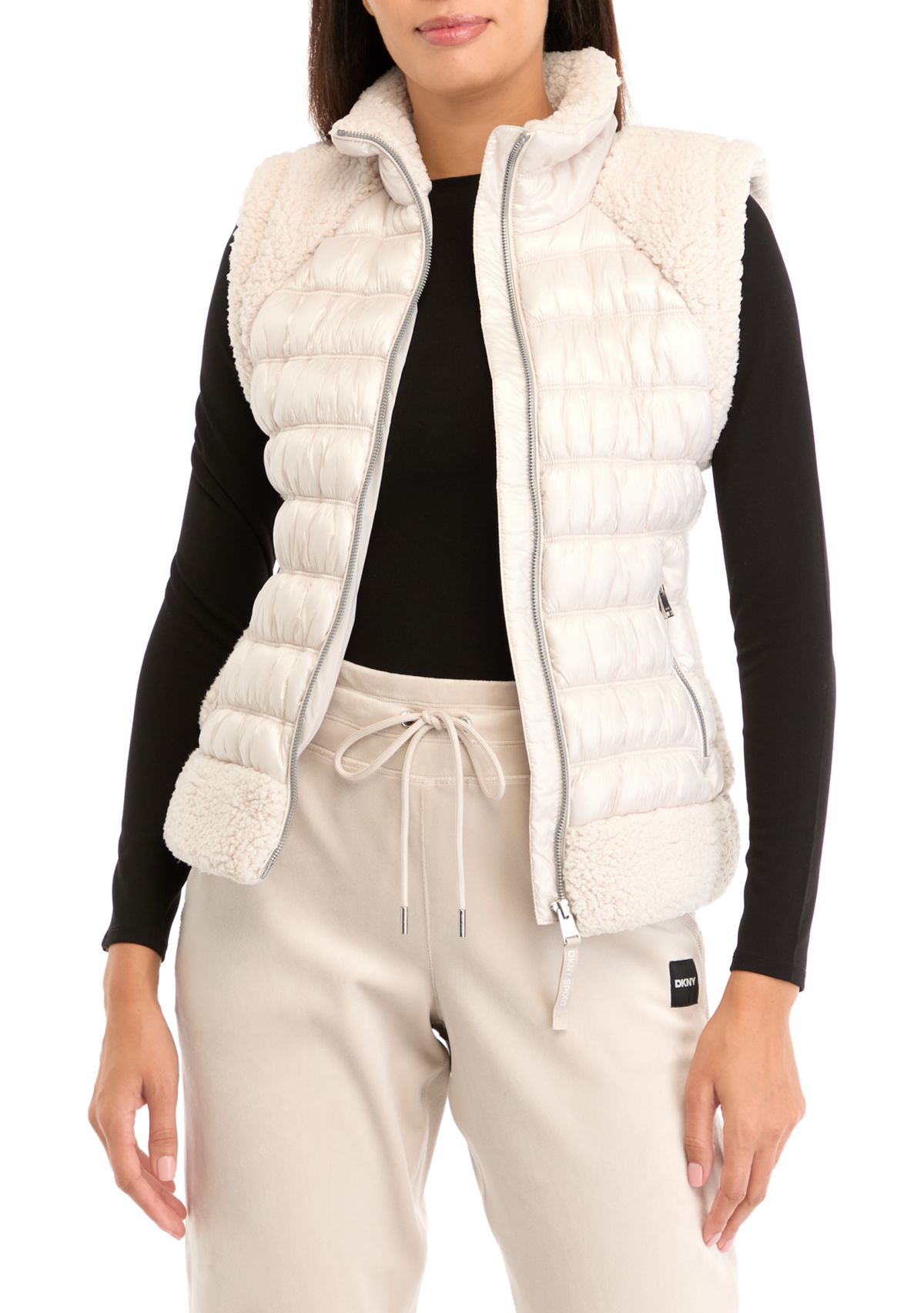 Womens Horizontal Channel Quilted Mock Neck Puffer Vest with Sherpa