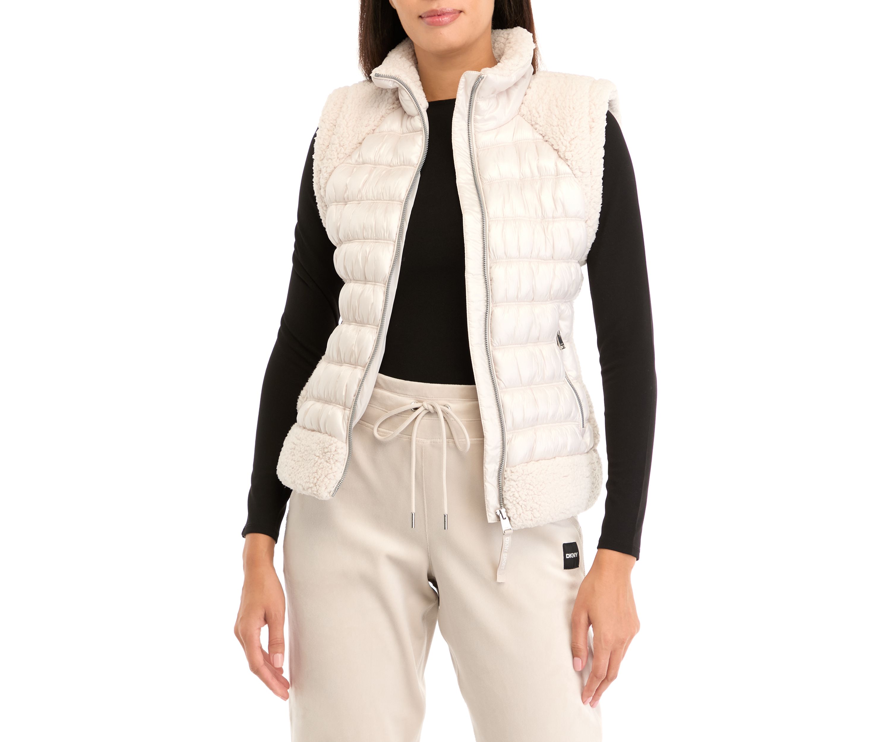 Womens Horizontal Channel Quilted Mock Neck Puffer Vest with Sherpa