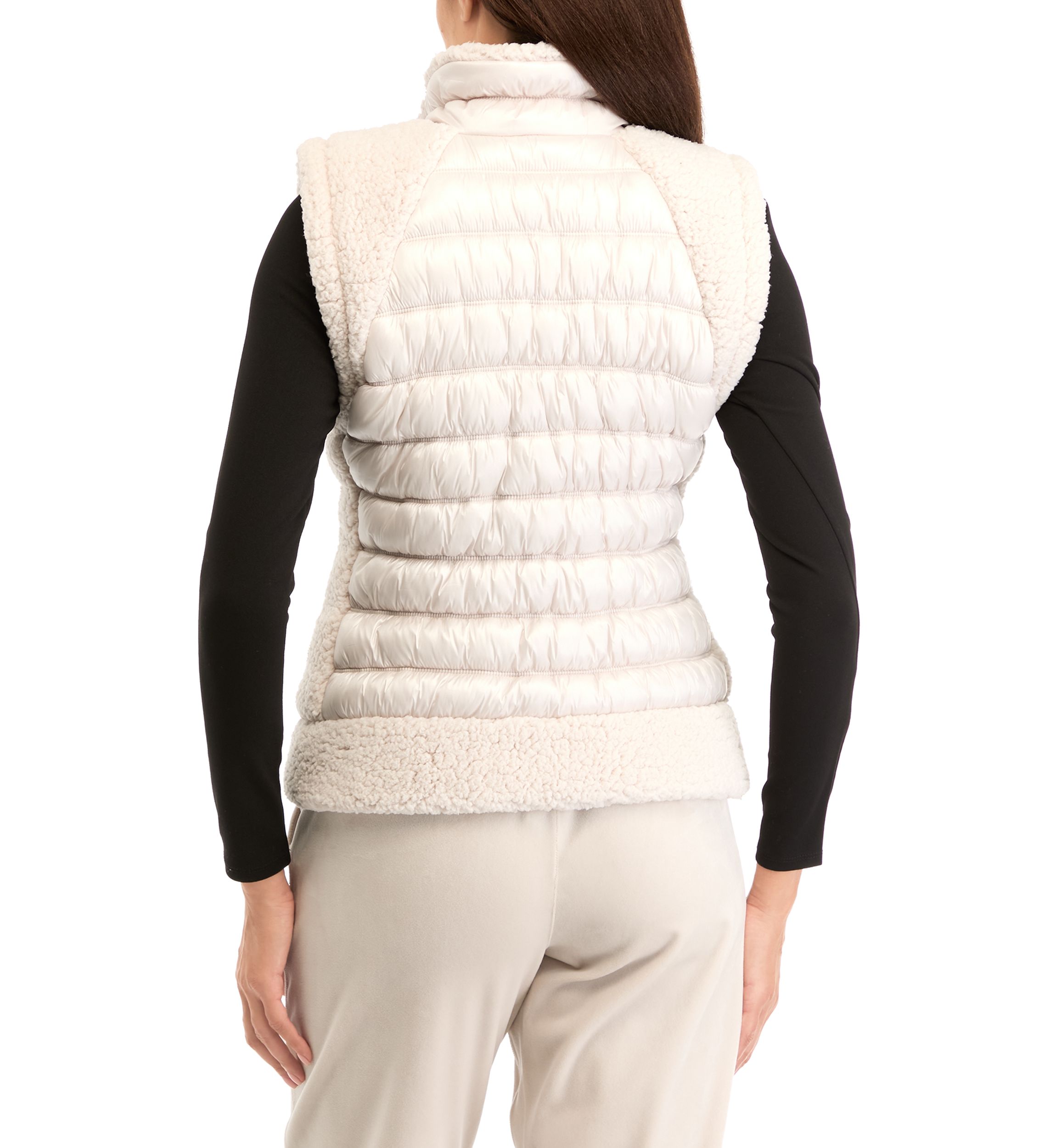Womens Horizontal Channel Quilted Mock Neck Puffer Vest with Sherpa