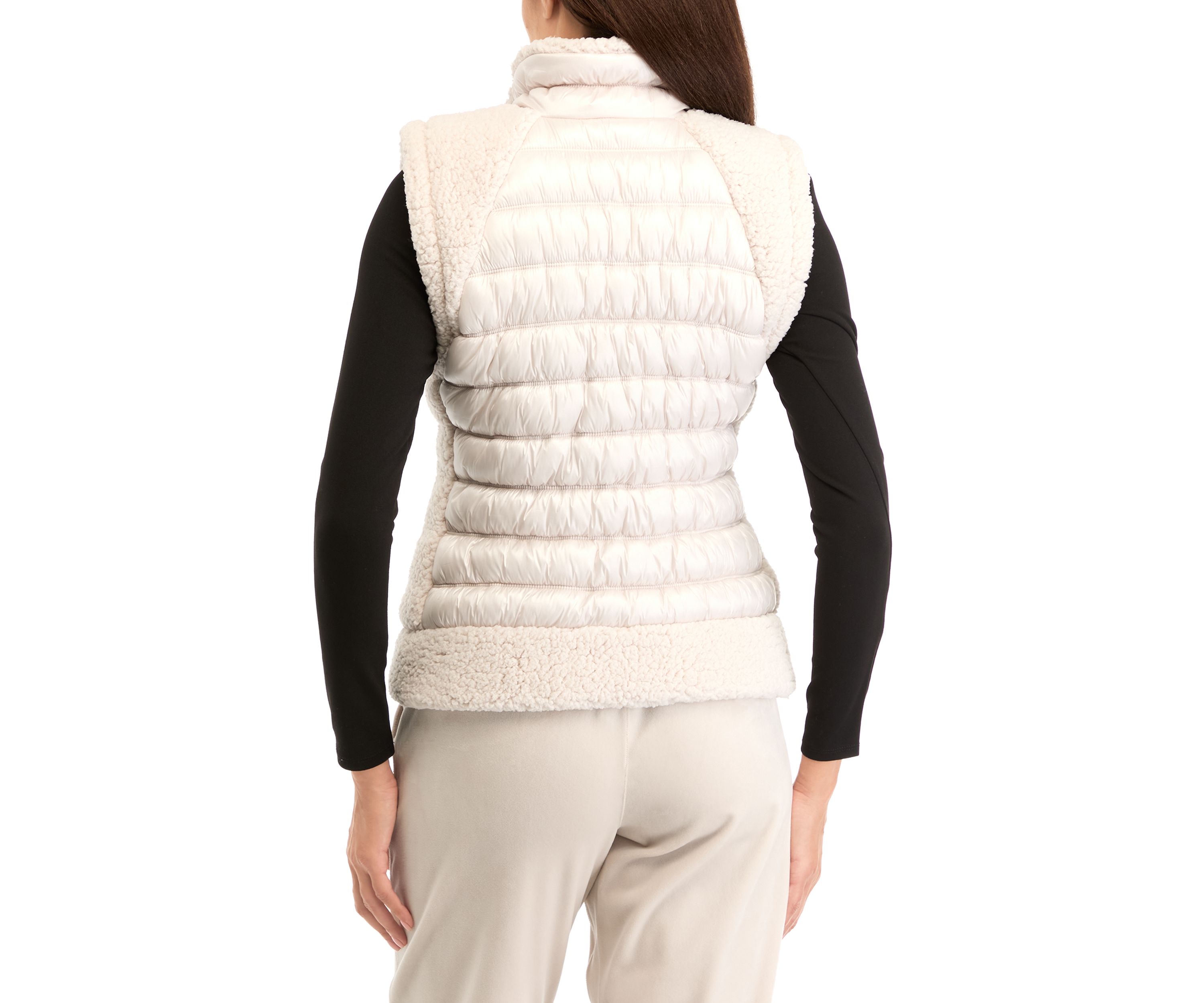 Womens Horizontal Channel Quilted Mock Neck Puffer Vest with Sherpa