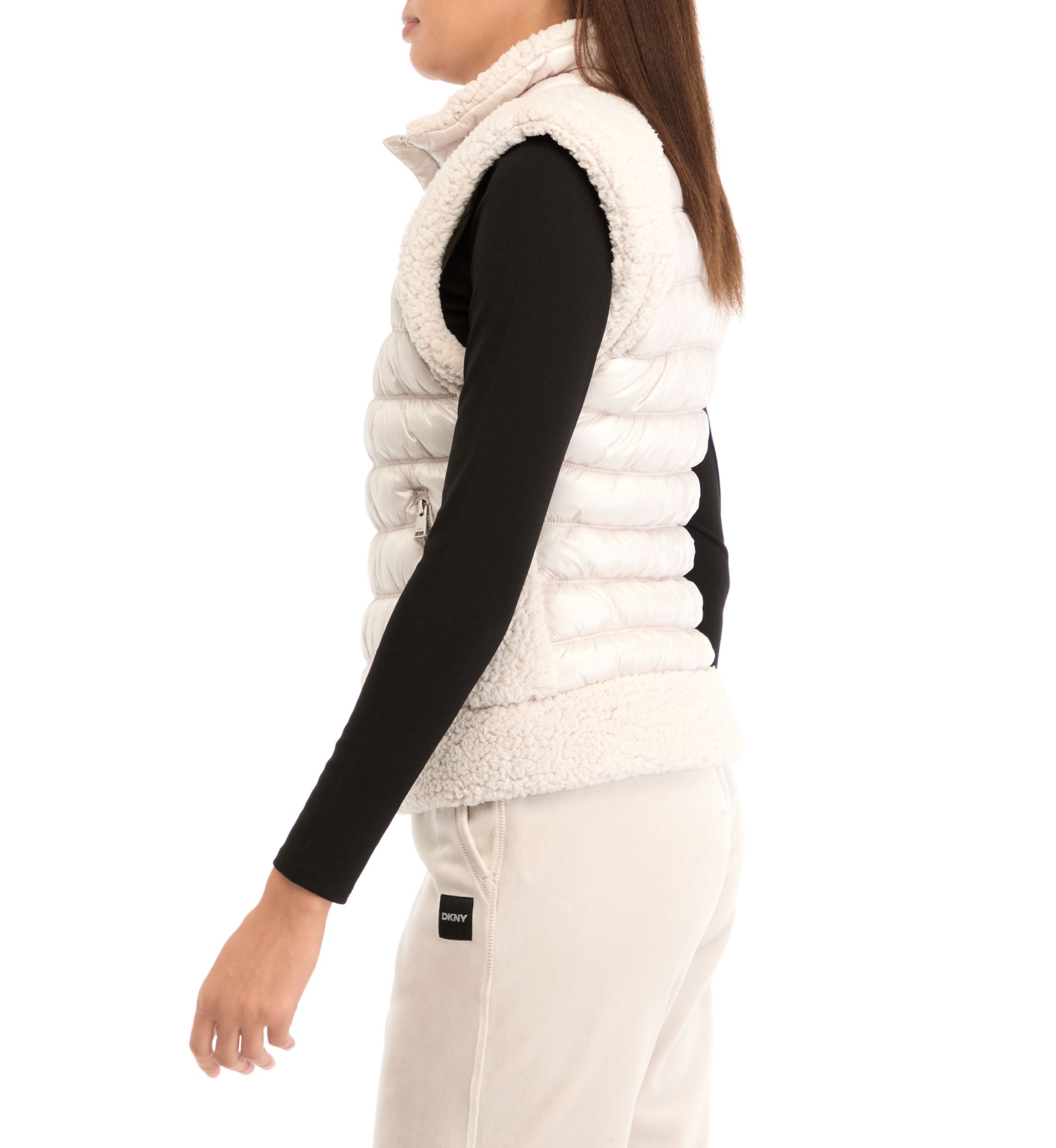 Womens Horizontal Channel Quilted Mock Neck Puffer Vest with Sherpa