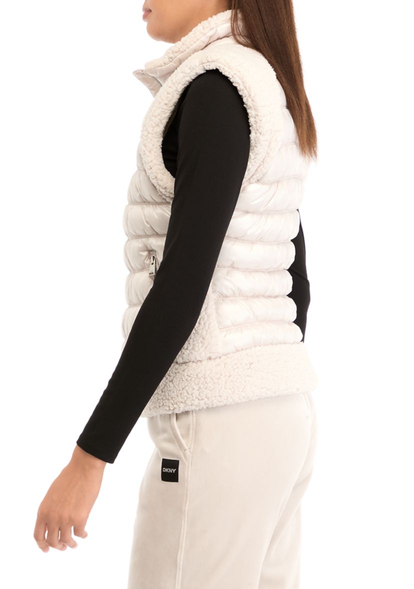 Womens Horizontal Channel Quilted Mock Neck Puffer Vest with Sherpa