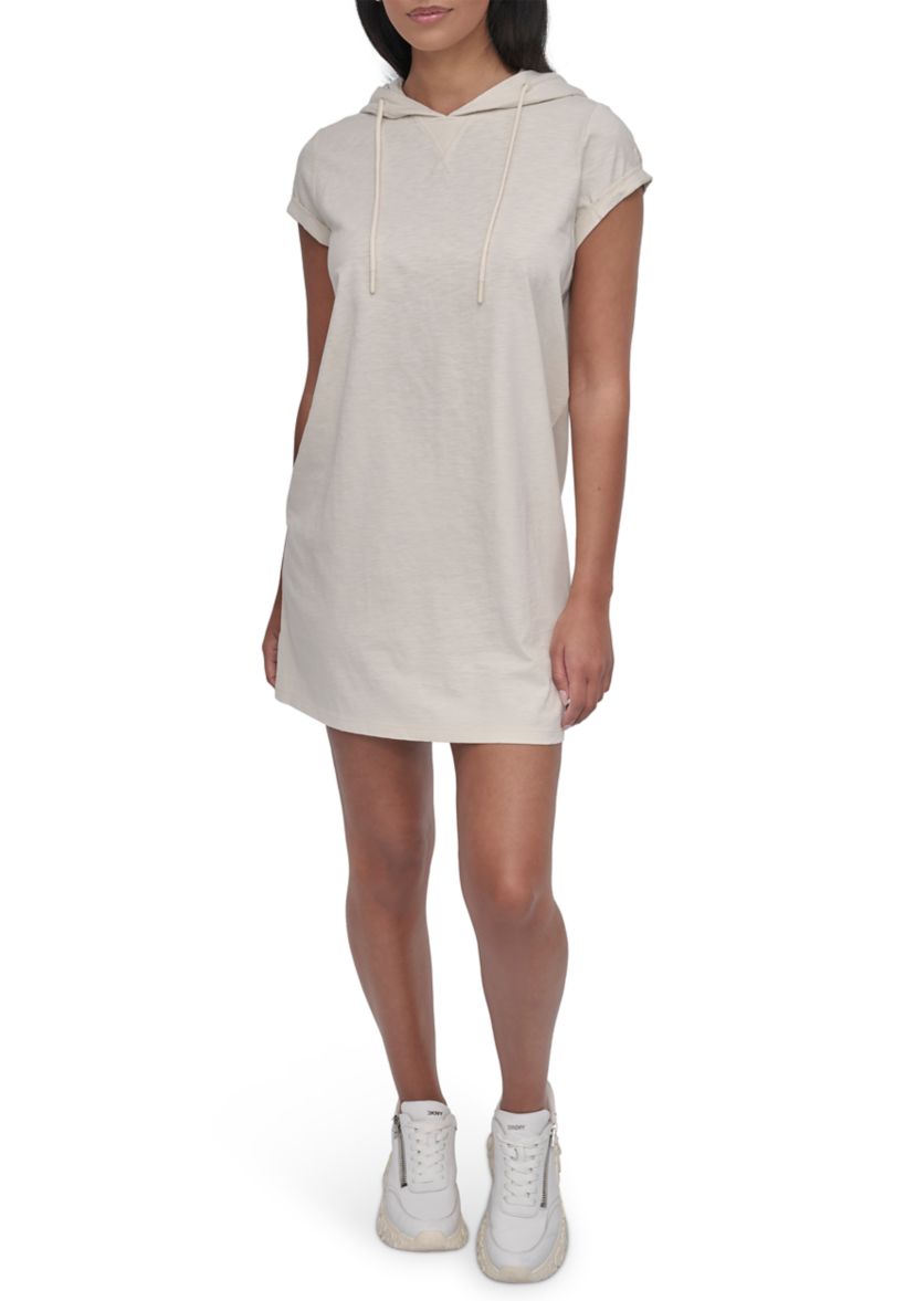 Womens Short Roll Sleeve Hooded Shirtdress 