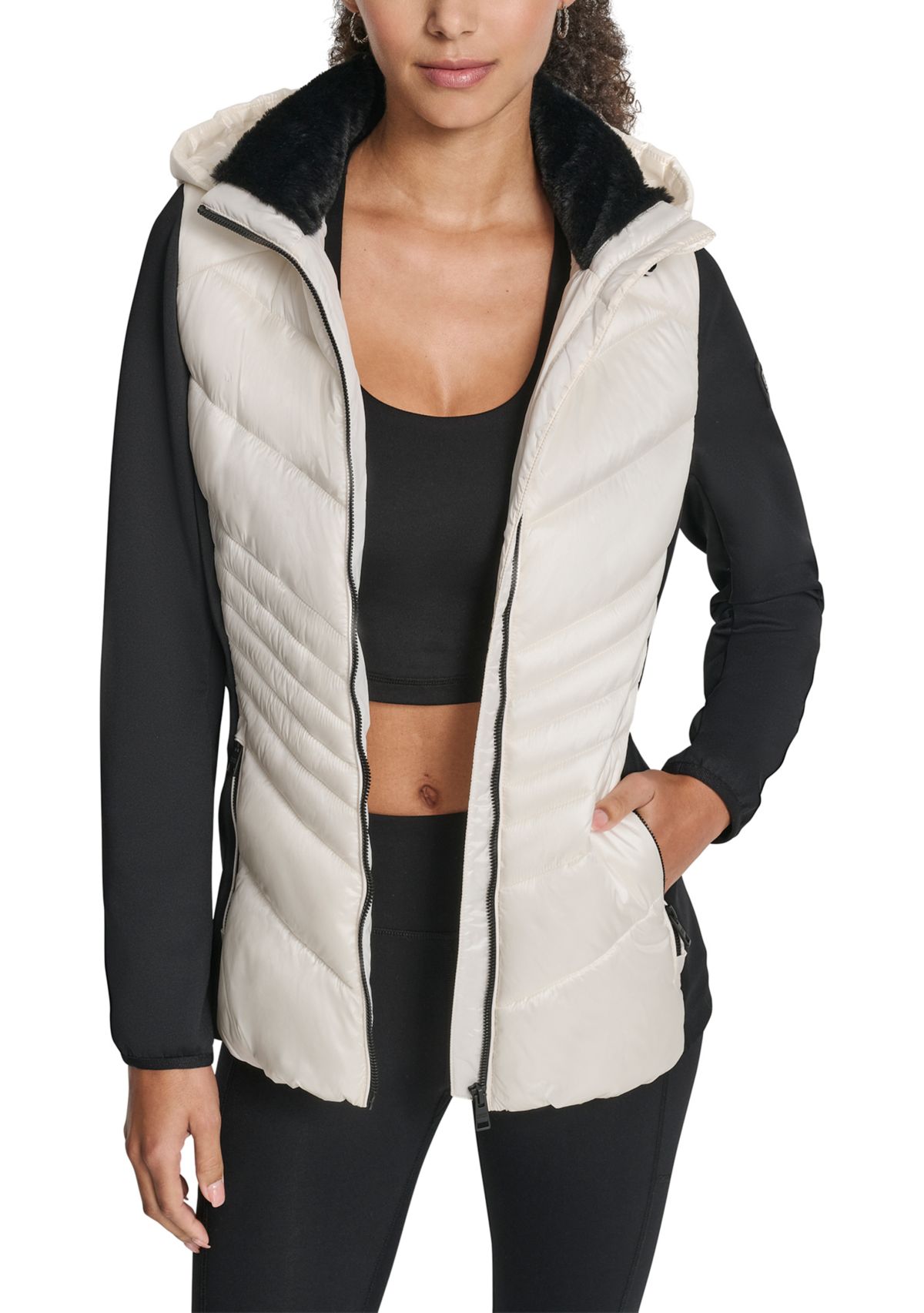 Womens Scuba Mixed Media Quilted Puffer Jacket