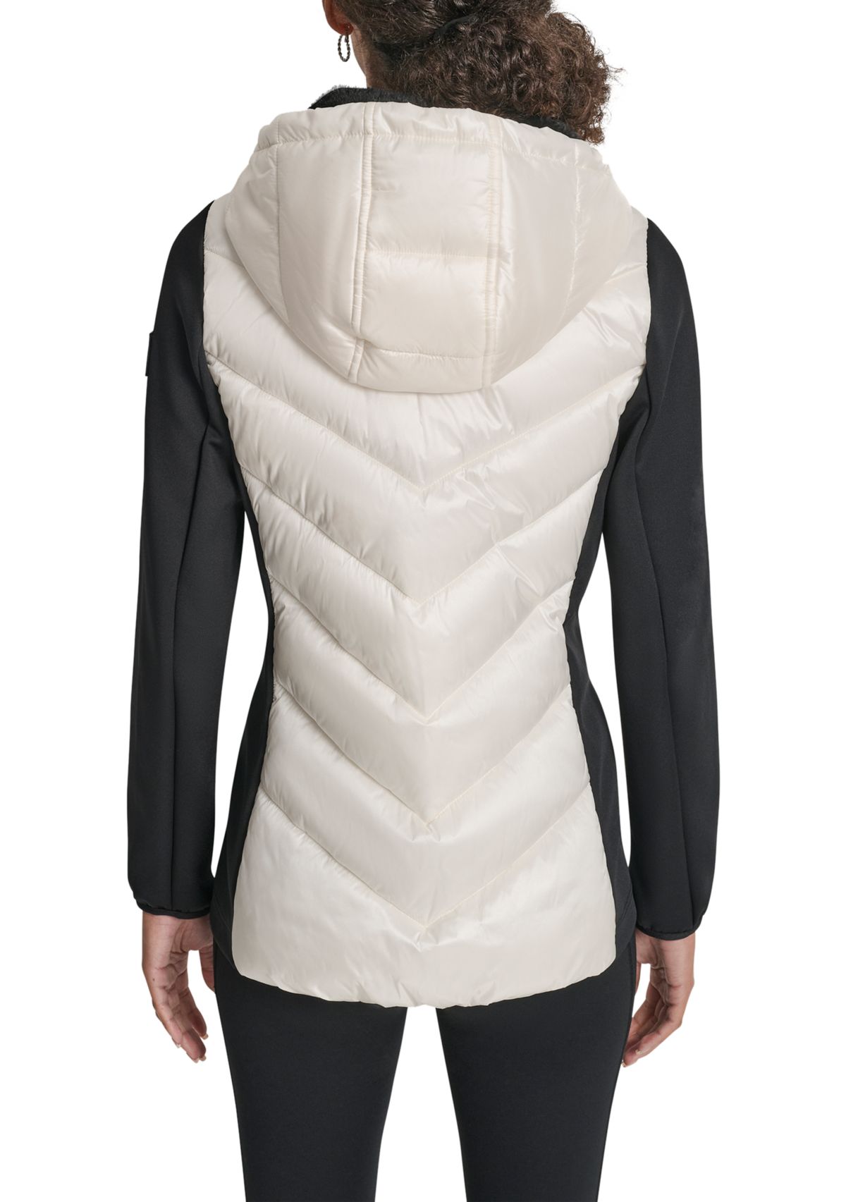Womens Scuba Mixed Media Quilted Puffer Jacket