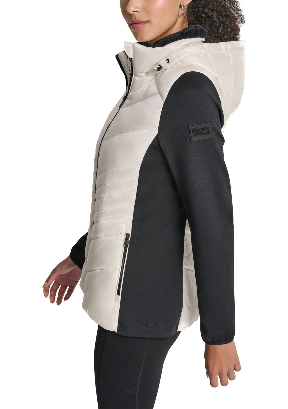 Womens Scuba Mixed Media Quilted Puffer Jacket