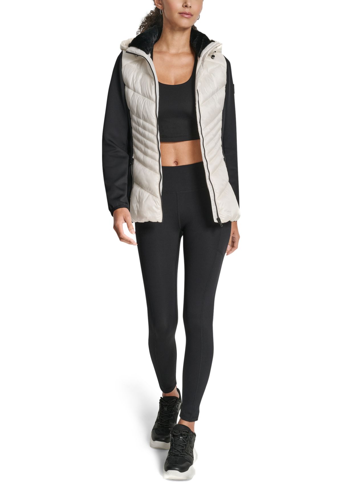 Womens Scuba Mixed Media Quilted Puffer Jacket