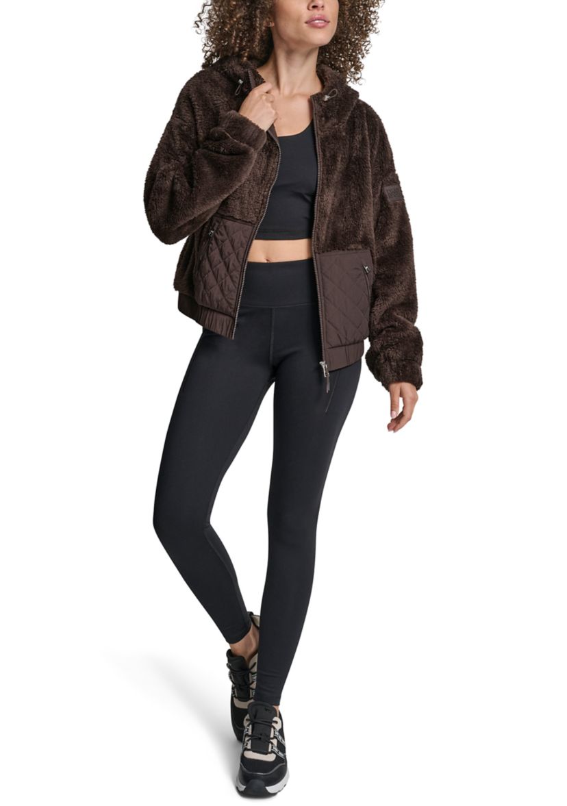 Womens Hooded Sherpa Jacket With Diamond Quilted Combo Piecing