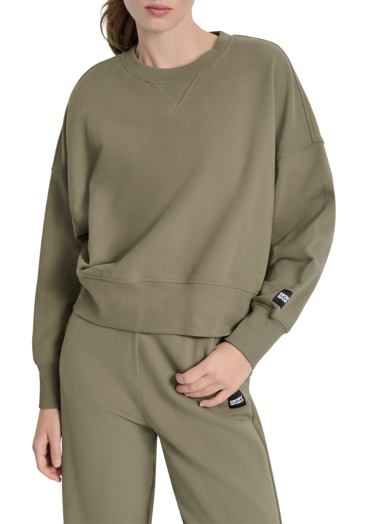 Womens Woven Patch Blouson Sleeve Oversized Pullover