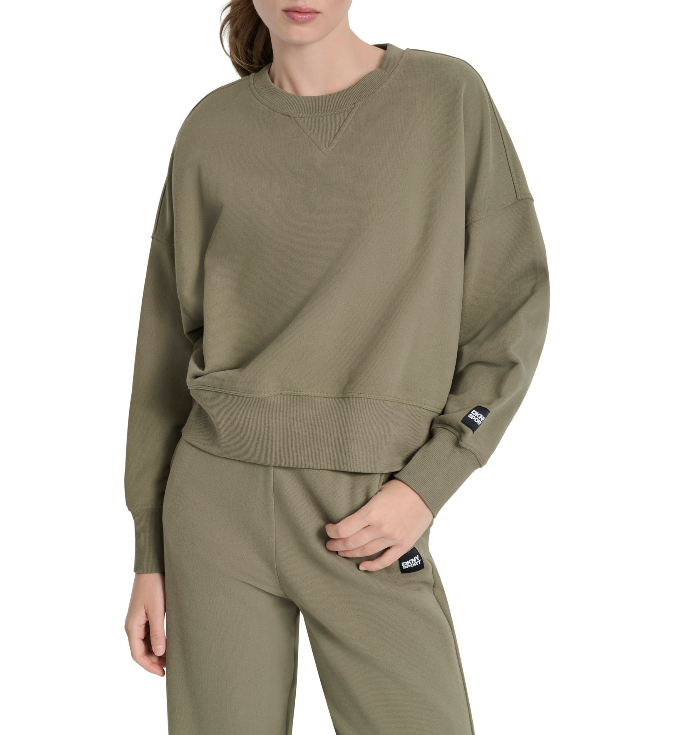 Womens Woven Patch Blouson Sleeve Oversized Pullover