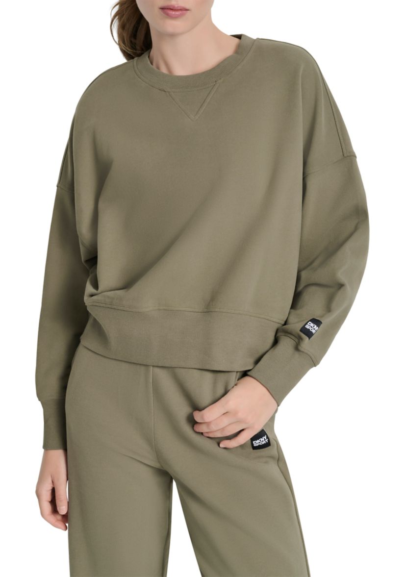 Womens Woven Patch Blouson Sleeve Oversized Pullover